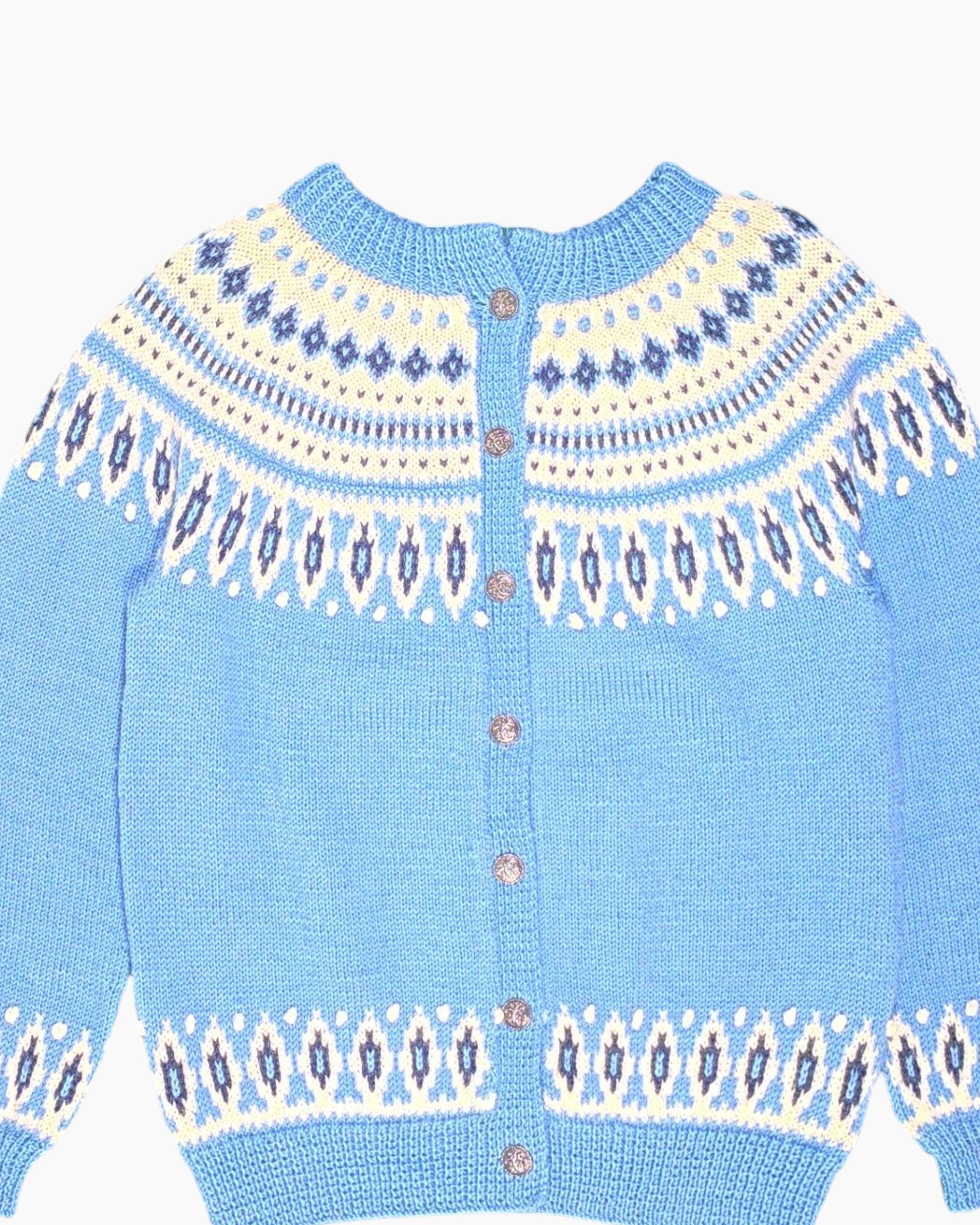 Front-detail-1 Vintage 70s/80s Dale Cardigan – Blue Fair Isle Yoke