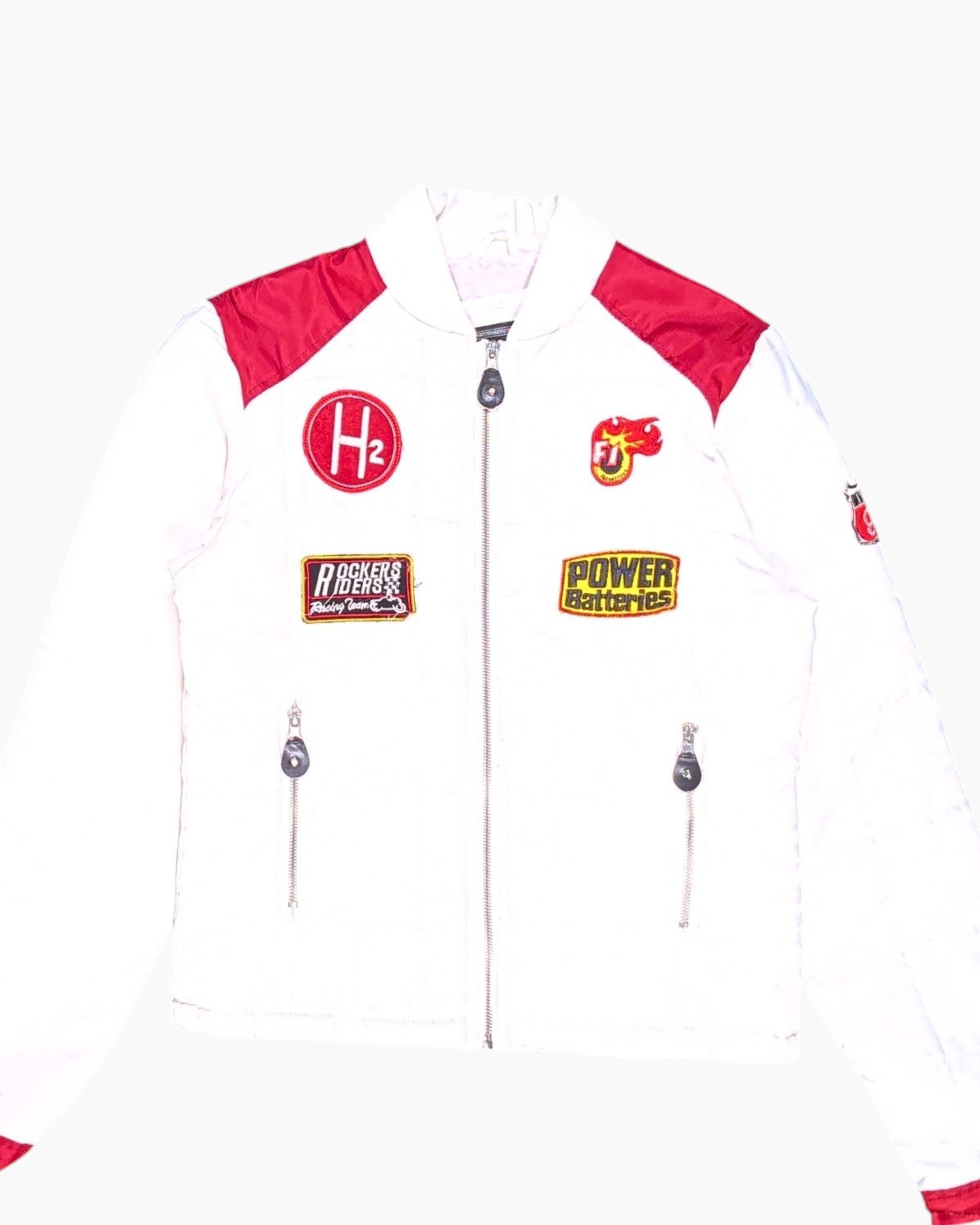 Front-detail-1 Vintage Y2K DROMEDAR Bomber Jacket – White with Red Contrast (secondhand)