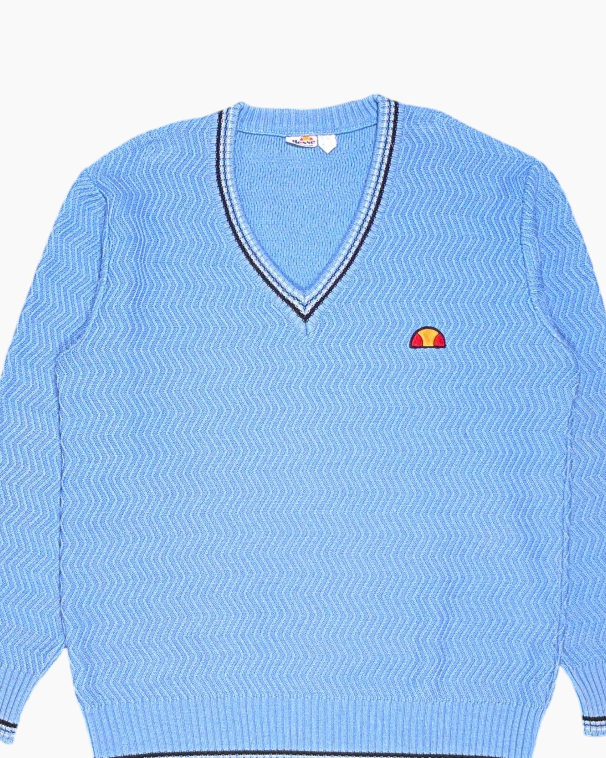Front Detail 1 Vintage 80s/90s ellesse Pullover Sweater – Blue V‑neck with Embroidered Logo