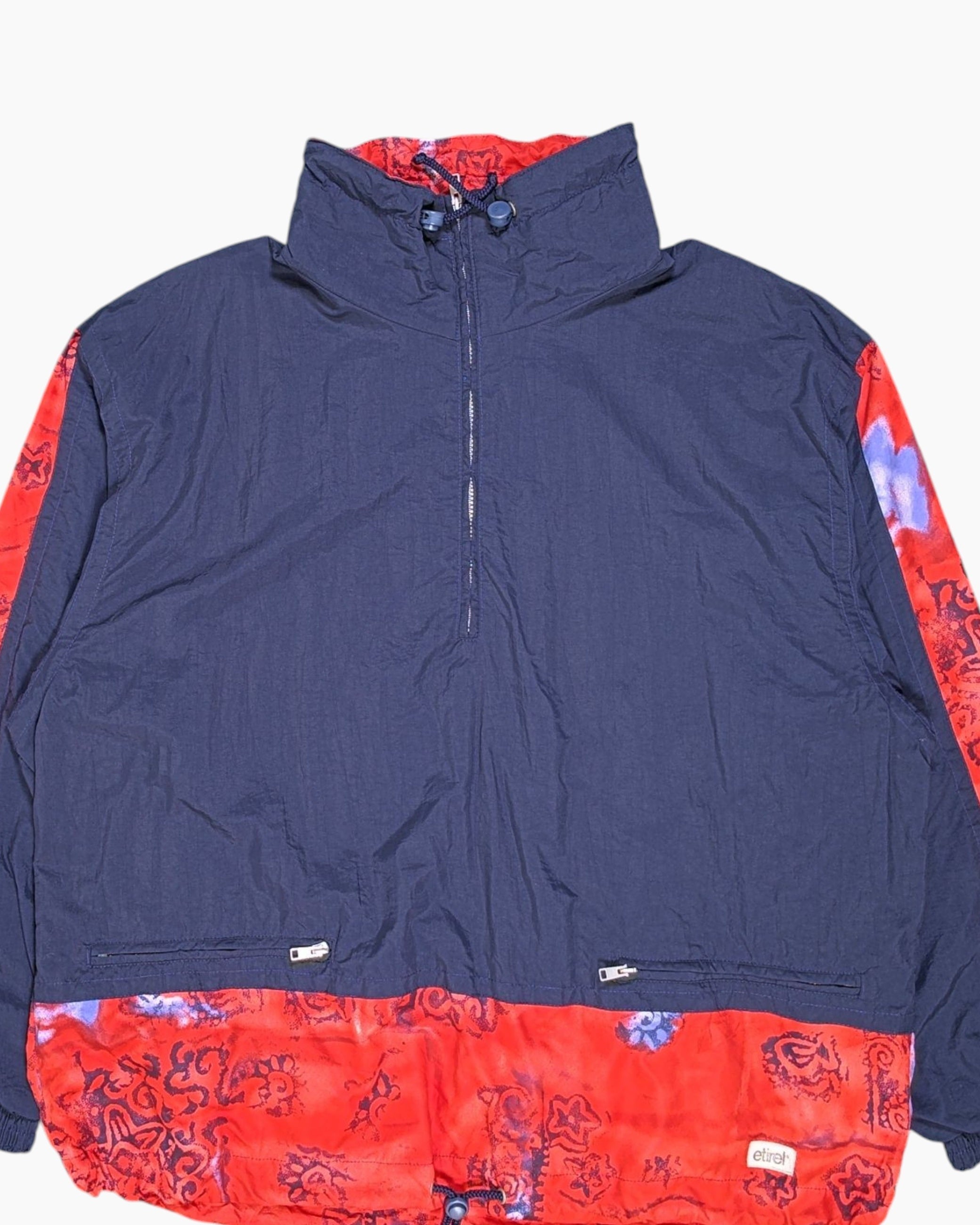 Front-detail-1 Vintage 80s/90s etirel Windbreaker Jacket – Navy with Red Airbrush Panels