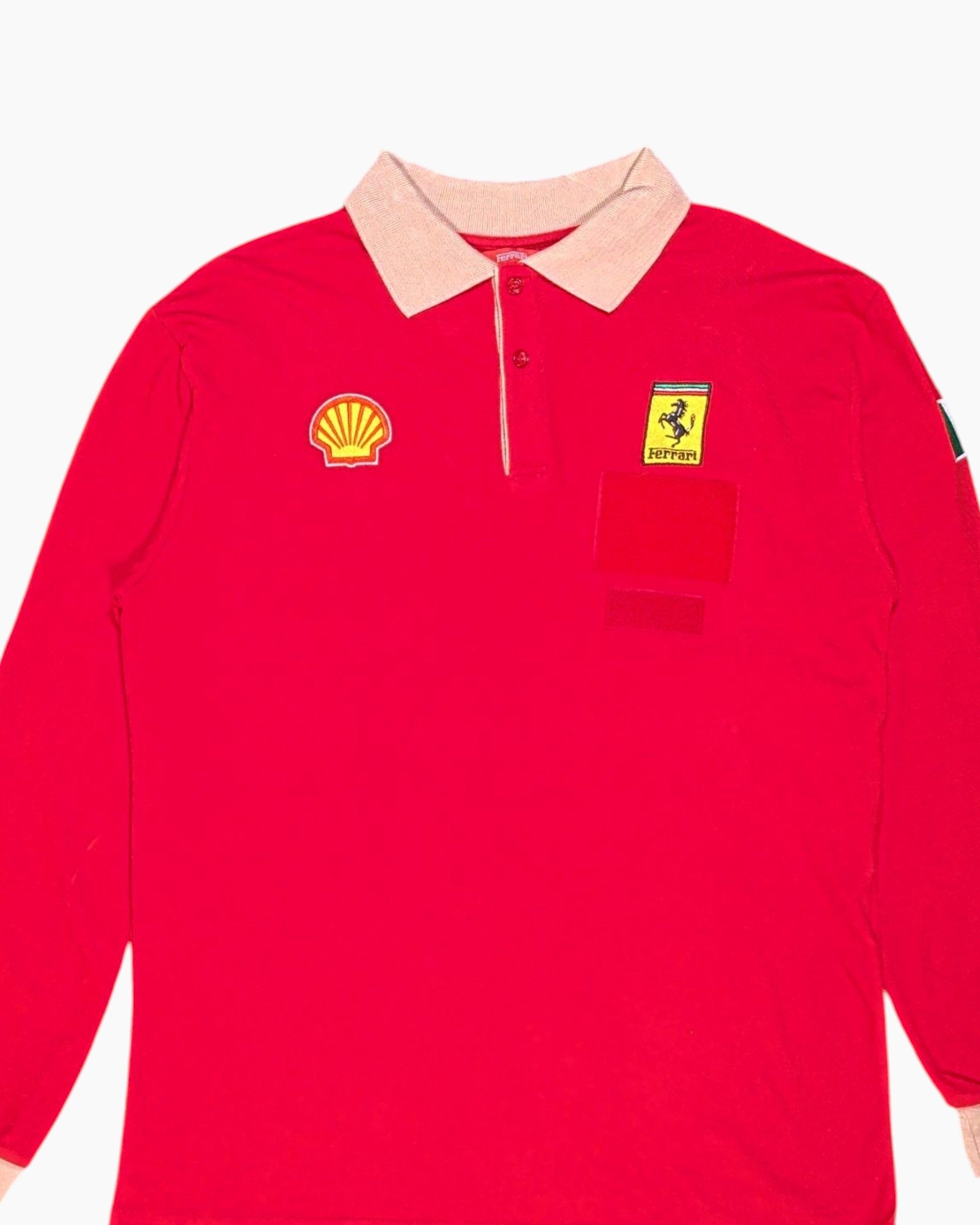 Front-detail-1 Vintage Y2K Ferrari Long Sleeve Polo Shirt – Red with Embroidered Logos