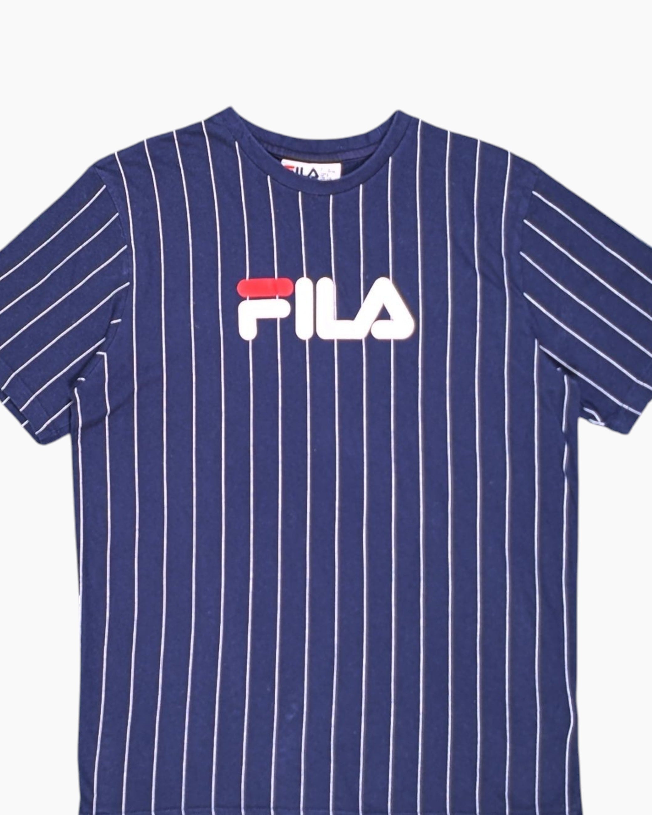 Front-detail-1 Pre-owned FILA Graphic T-Shirt – Navy Horizontal Stripe & Logo