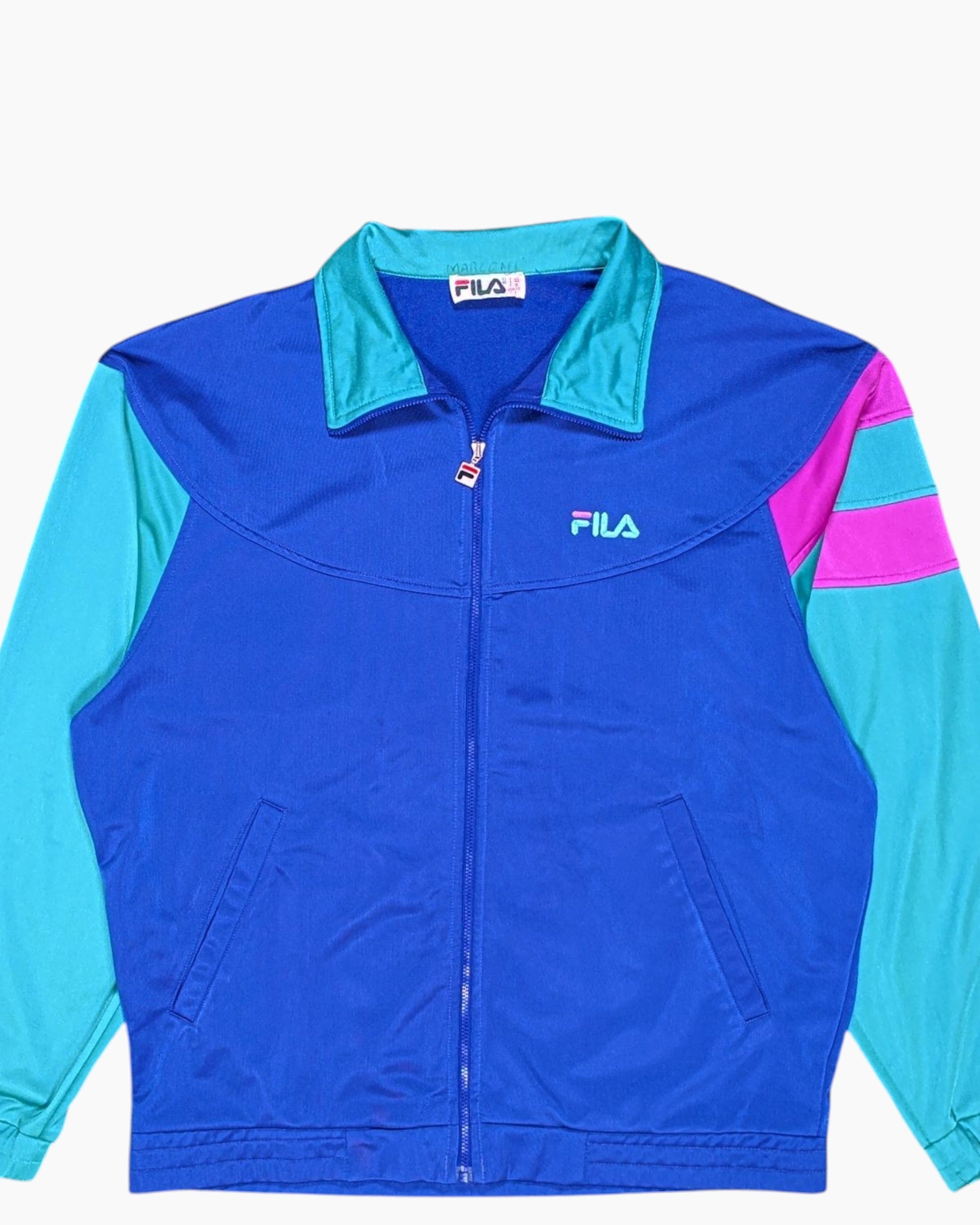 Front-detail-1 Vintage 80s/90s FILA Track Jacket – Blue Colorblock (Preloved)