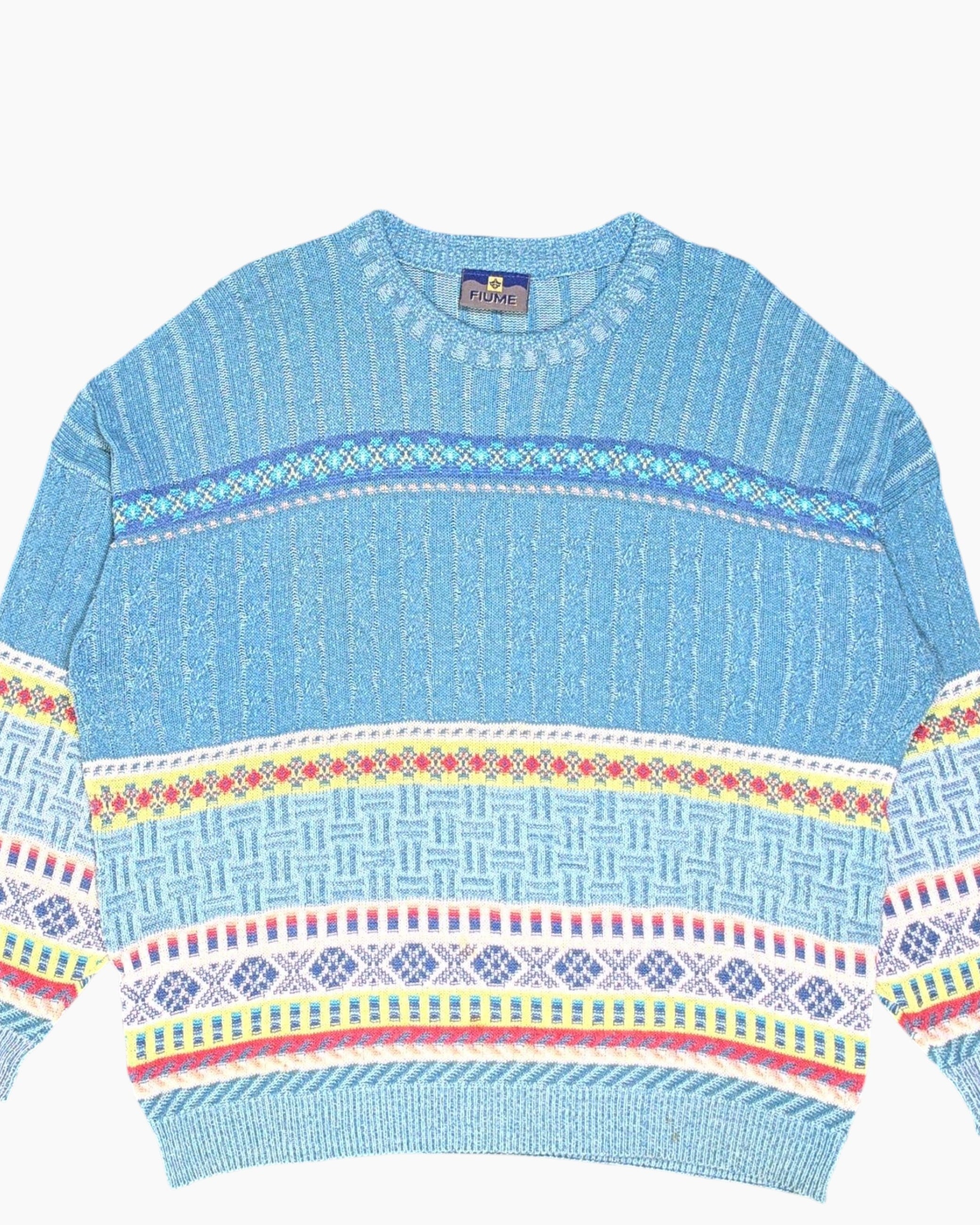 Front-detail-1 Vintage 80s/90s FIUME Pullover Sweater – Blue Fair Isle Bands
