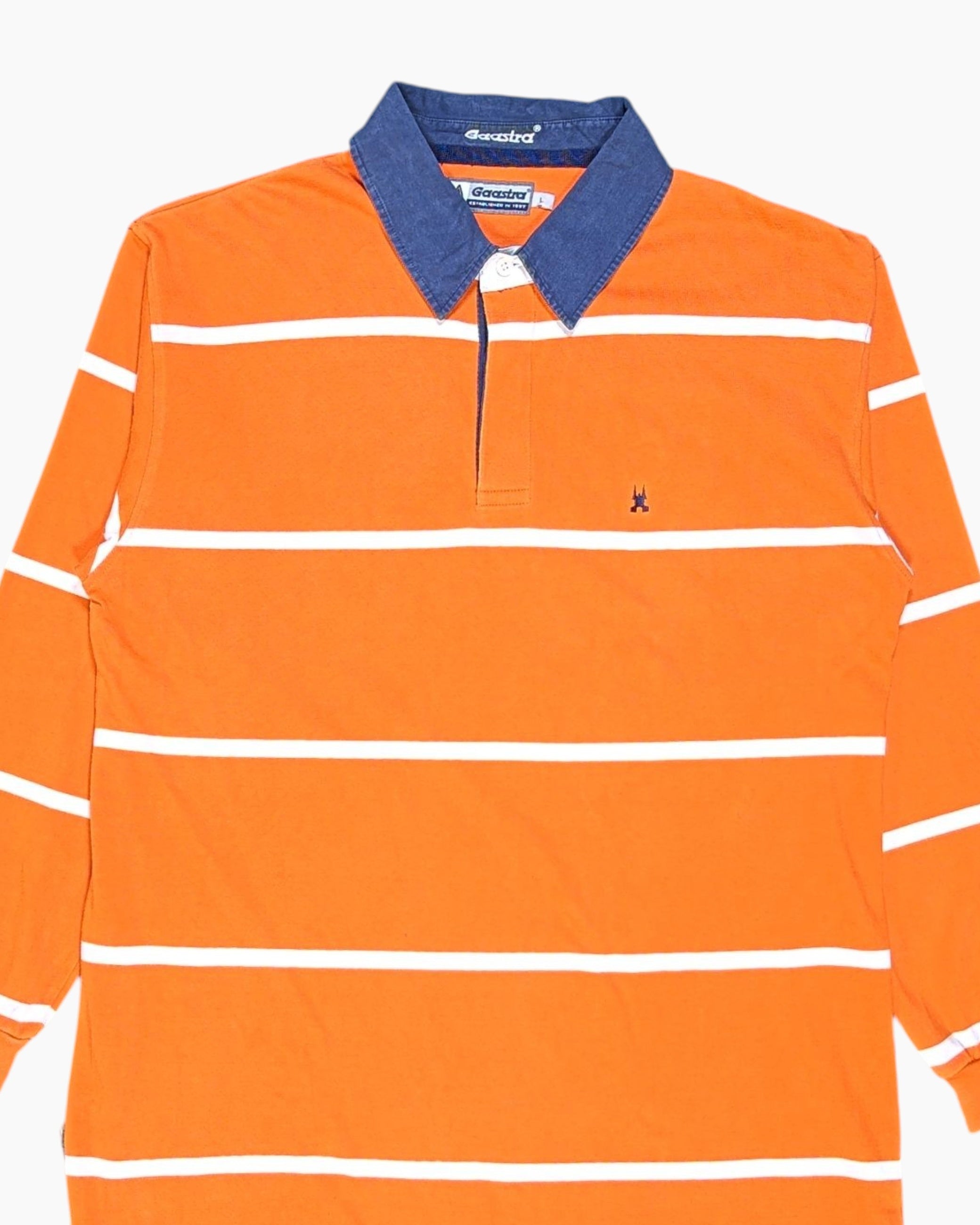 Front-detail-1 Pre-owned Gocastro Long Sleeve Rugby Shirt – Orange Striped