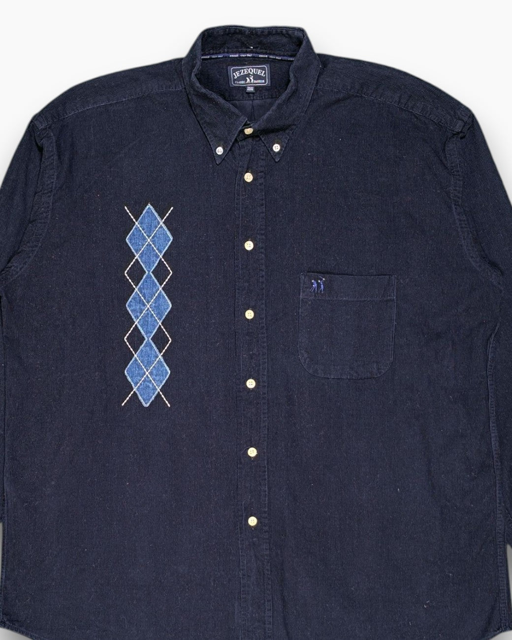 Front-detail-1 Vintage 90s JEZEQUEL Button-Down Shirt – Navy Argyle Embroidery