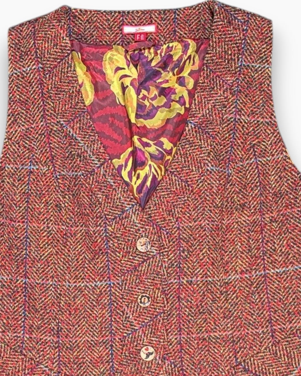 Front-detail-1 Pre-owned Jon Browns Vest – Multicolor Floral Satin Lining