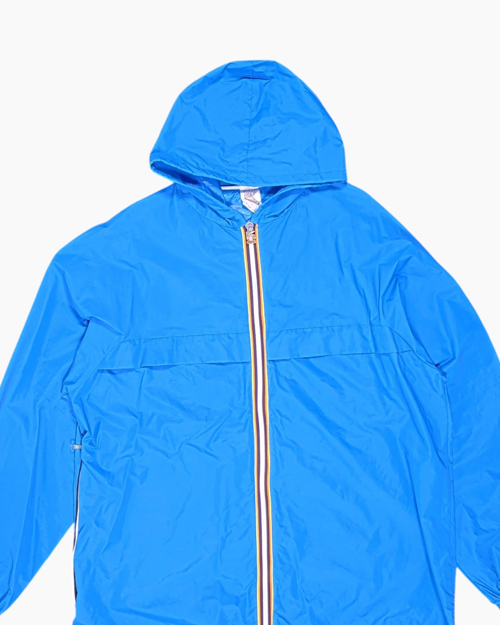 Front-detail-1 Vintage 70s/80s K-WAY Packable Windbreaker Jacket – Blue striped zipper tape