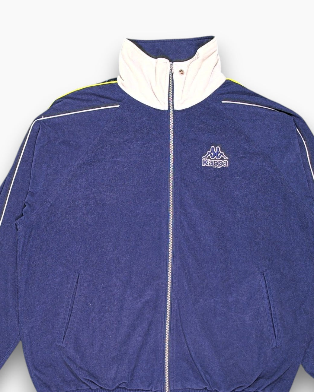 Front-detail-1 Vintage 80s/90s Kappa Track Jacket – Navy with Logo Tape