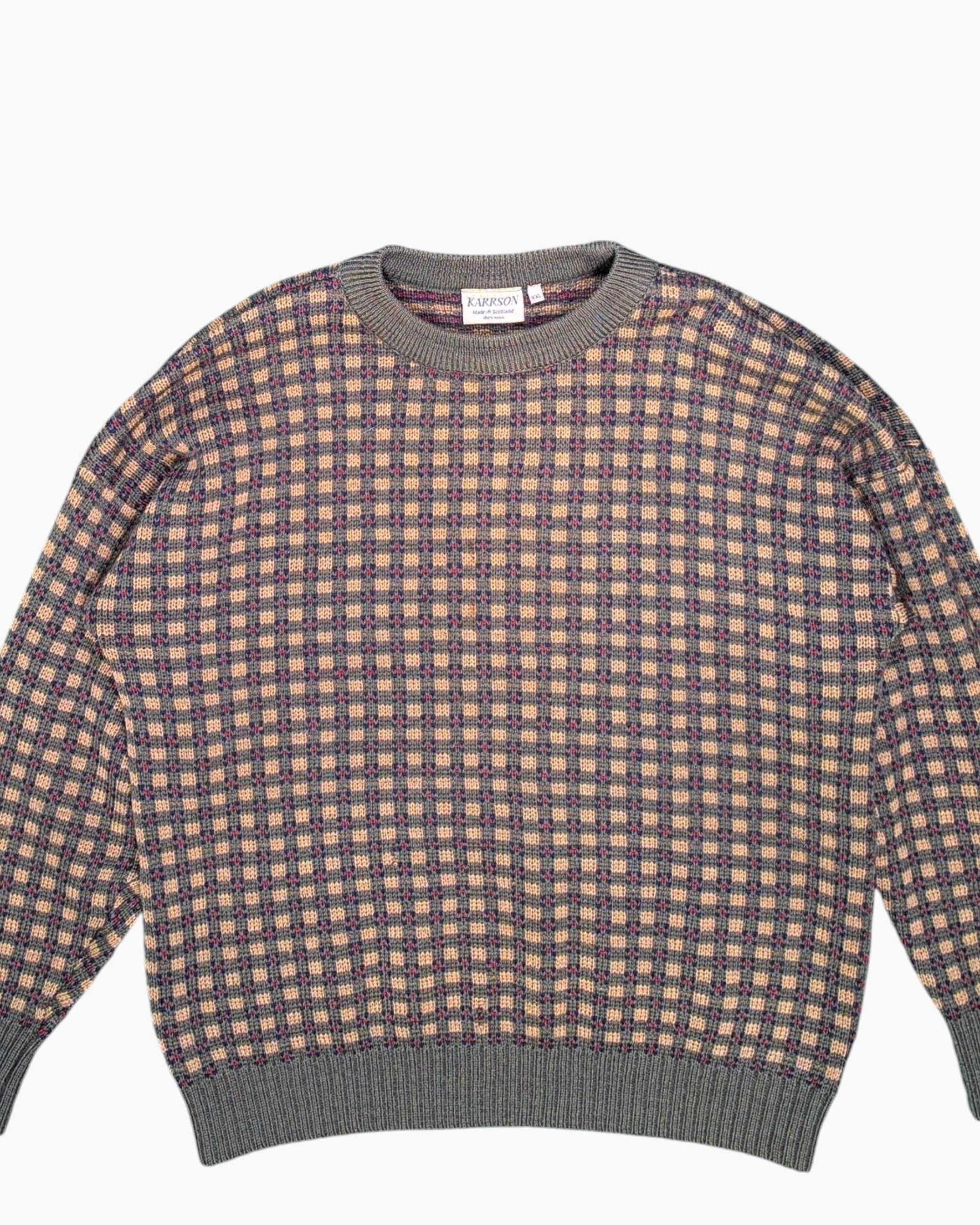 Front-detail-1 Vintage 80s/90s KARRSON Pullover Sweater – Green Jacquard Check