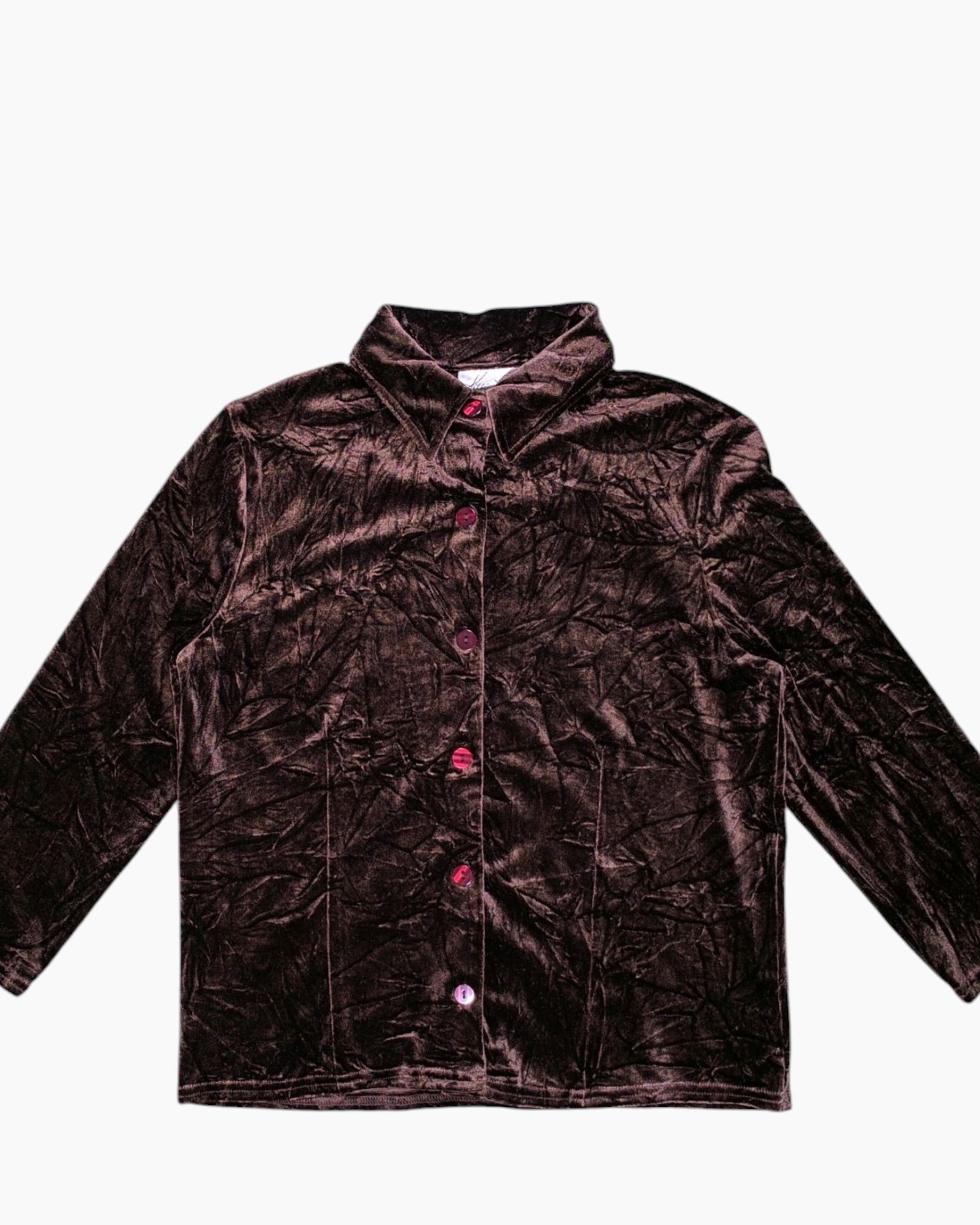 Front-detail-1 Vintage Y2K Kathie Lee Collection Button-Down Shirt – Brown Crushed Velvet