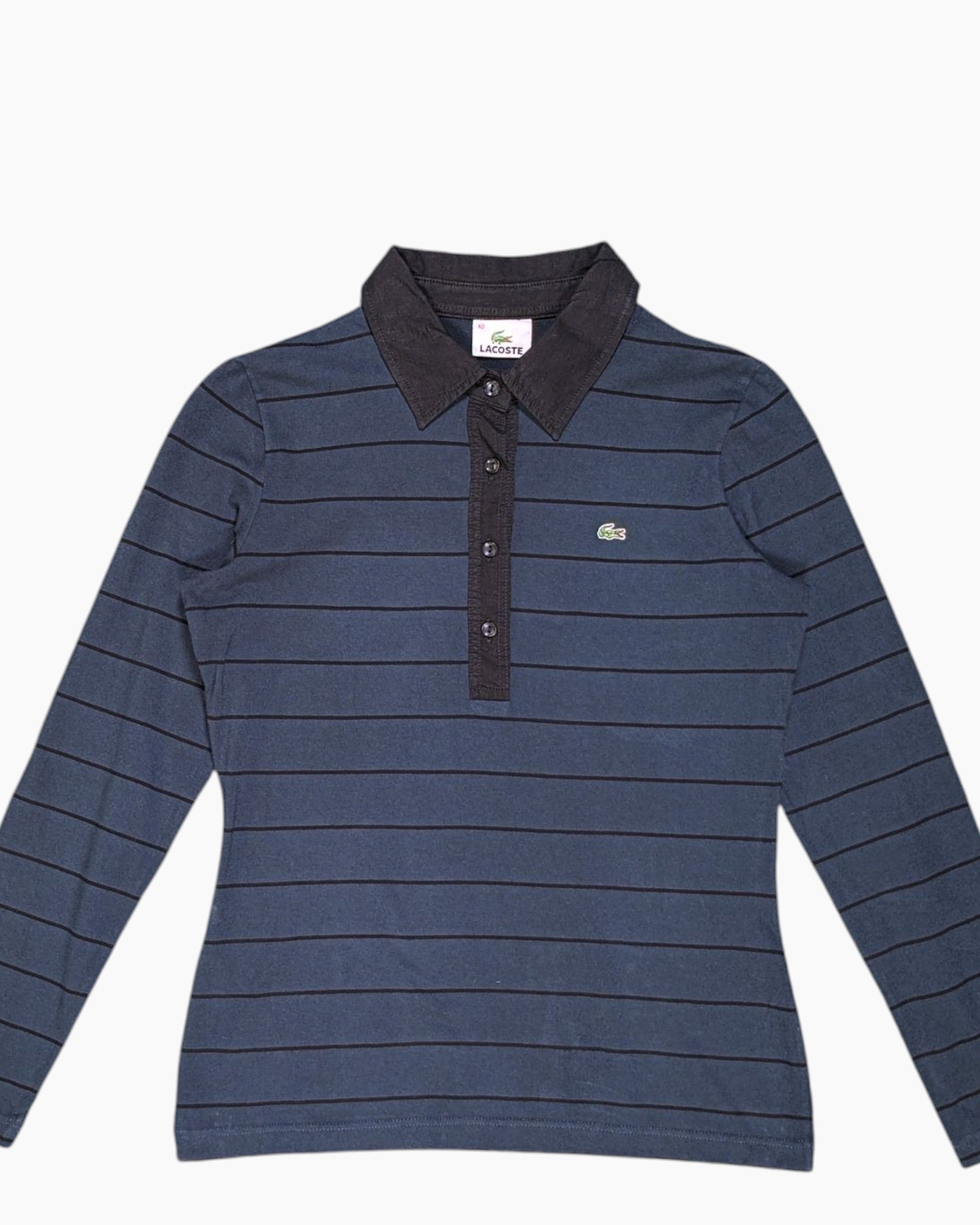 Front Detail 1 Pre-owned LACOSTE Long Sleeve Polo Shirt – Navy with Embroidered Crocodile
