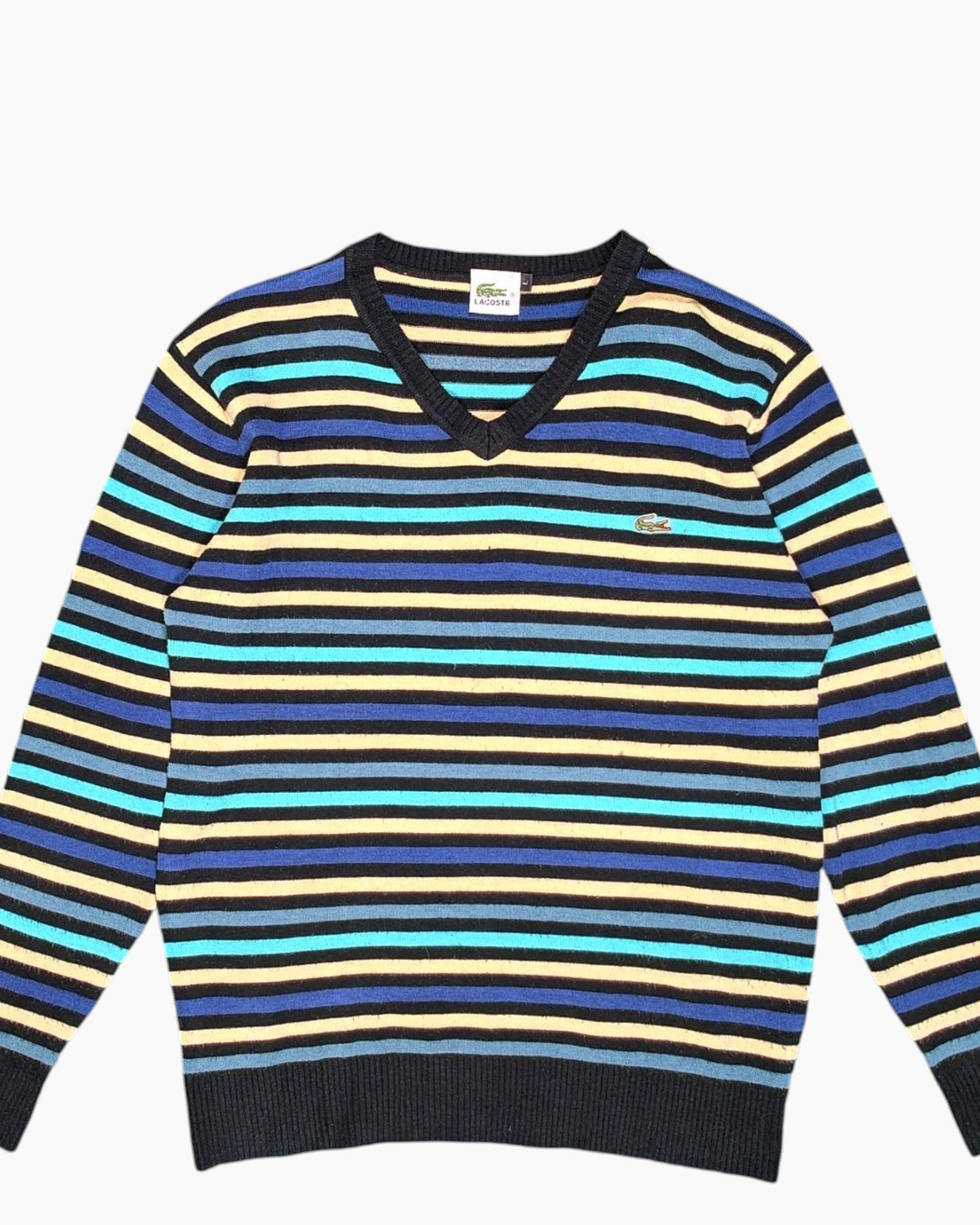 Front-detail-1 Vintage 90s/2000s LACOSTE Pullover Sweater – Striped V‑neck (Preloved)