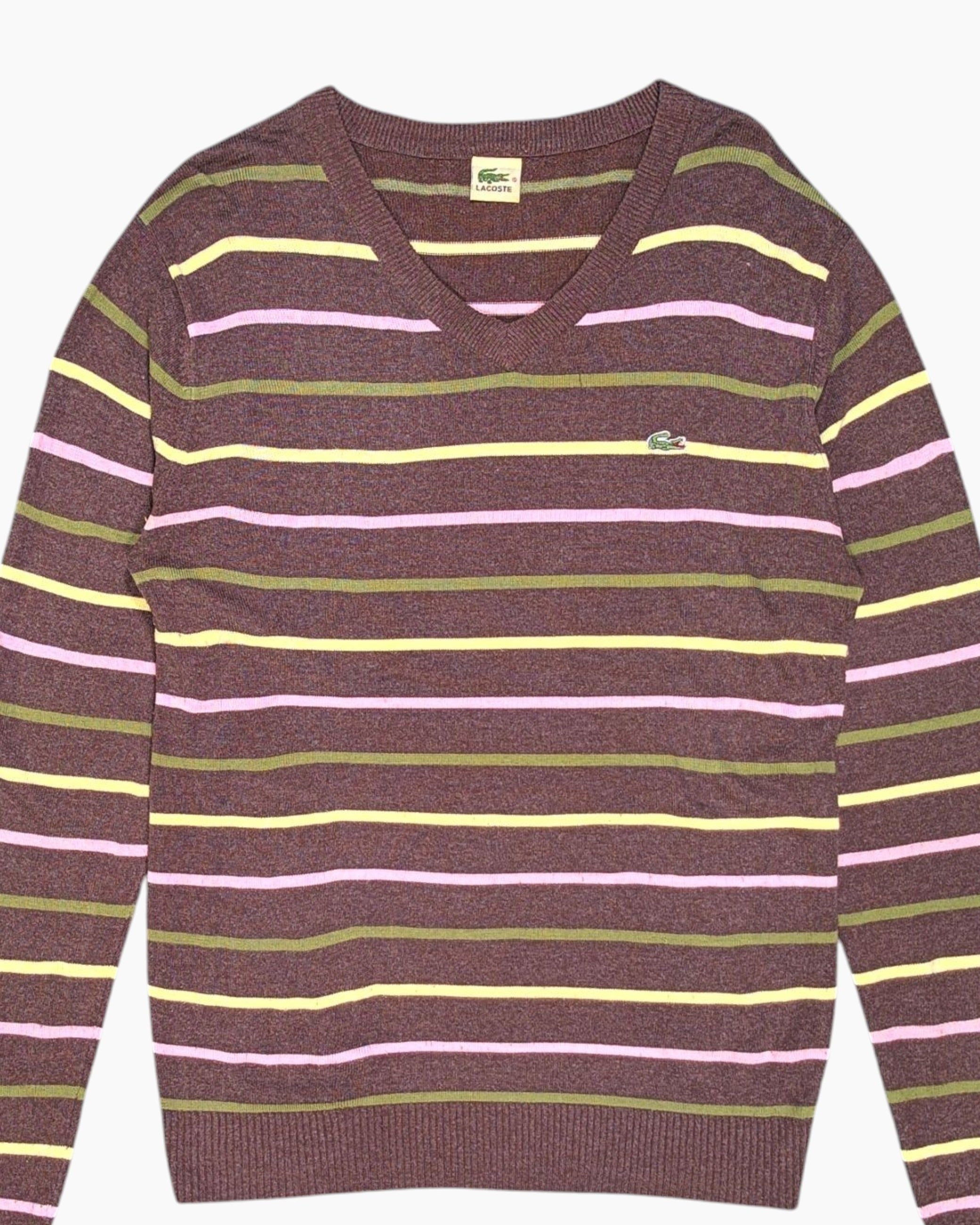 Front-detail-1 Vintage Y2K LACOSTE Pullover Sweater – Brown Striped V-neck
