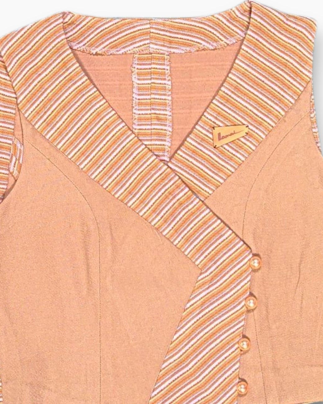 Front-detail-1 Vintage 70s Lamai Sleeveless Top – Striped Rust Orange Chevron