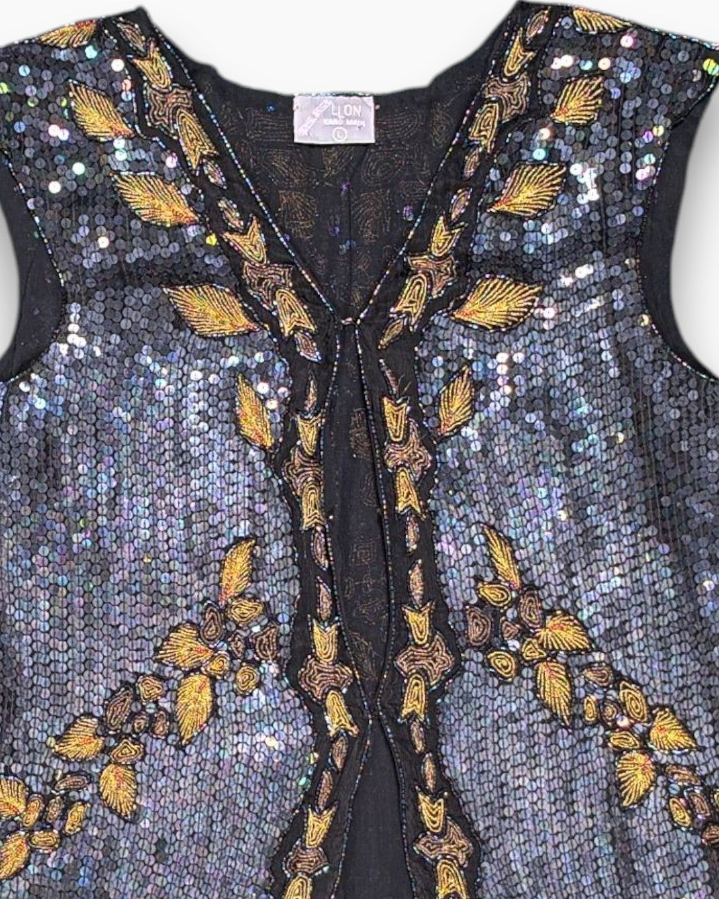 Front-detail-1 Vintage 80s/90s LLON Embellished Sequin Top – Black Beaded Party Shell