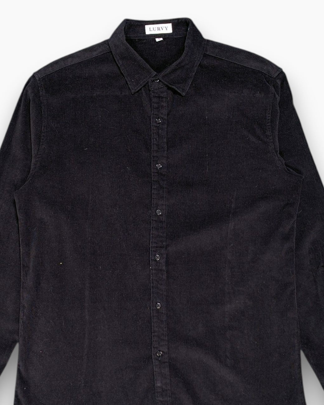 Front-detail-1 Pre-owned LURVY Button-Down Shirt – Black Corduroy Shacket
