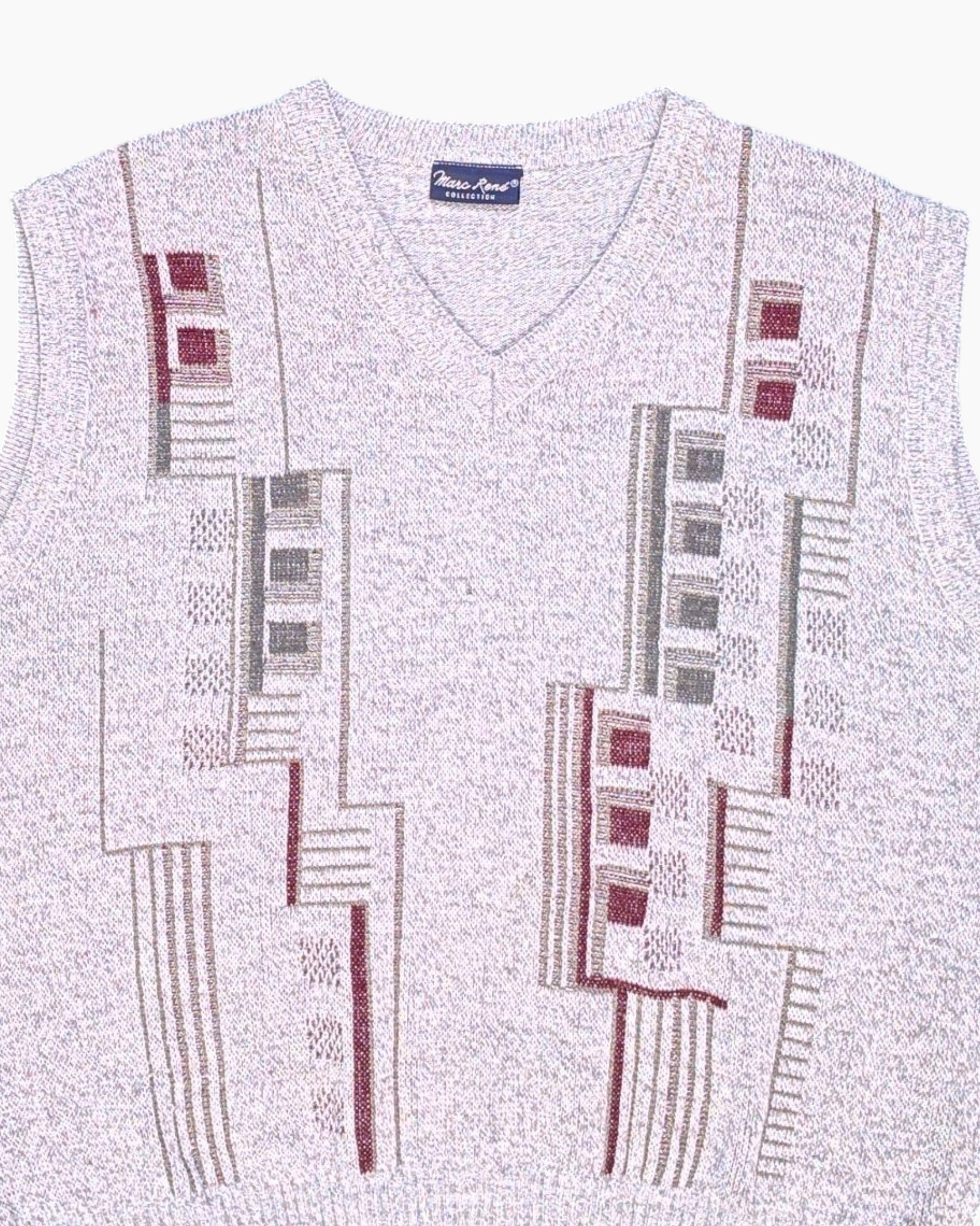 Front-detail-1 Vintage 80s/90s Marc René Pullover Sweater (Sleeveless Vest-style) – Gray Geometric Jacquard