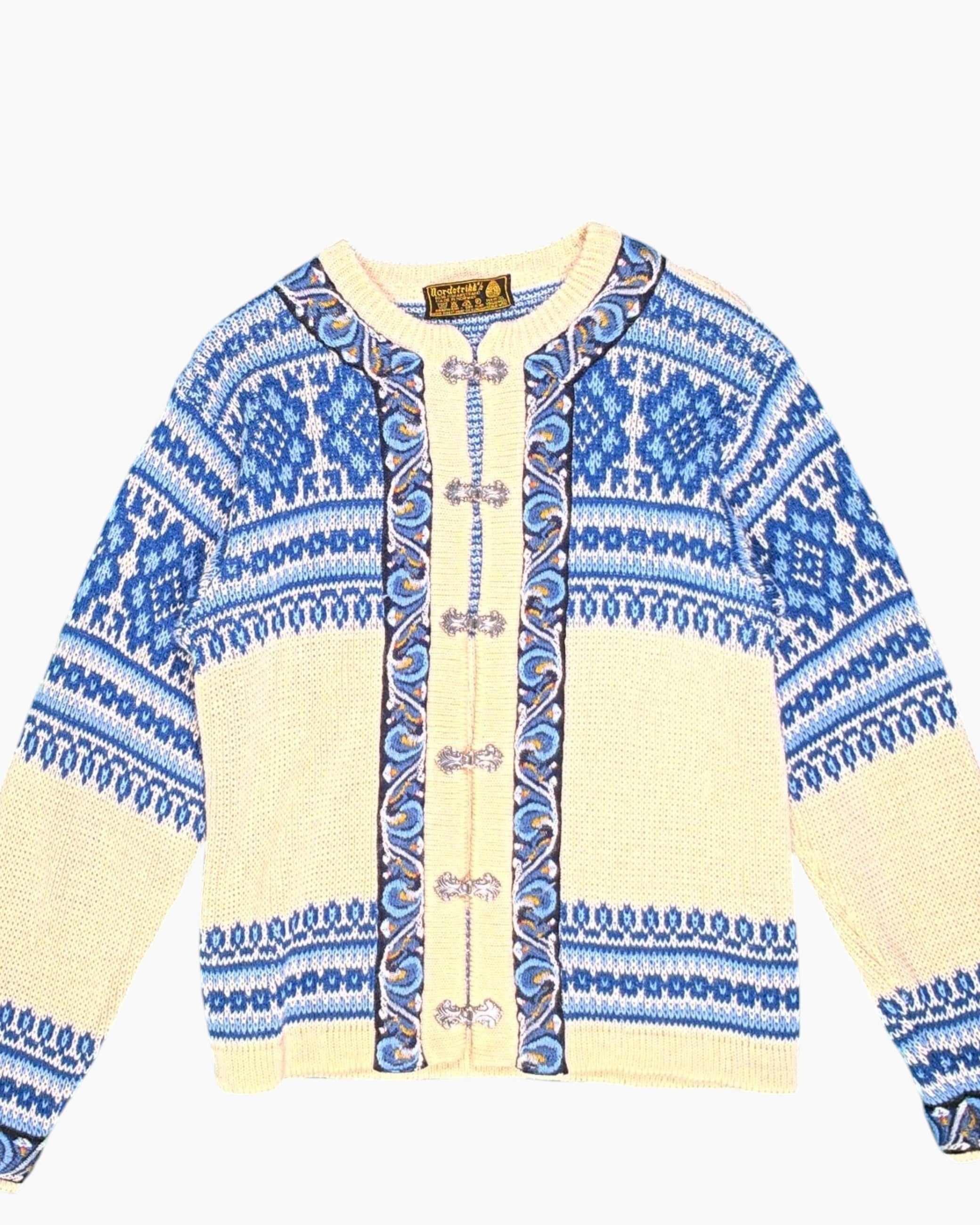 Front-detail-1 Vintage 80s/90s Nordstrikk Cardigan – Blue Nordic Motif