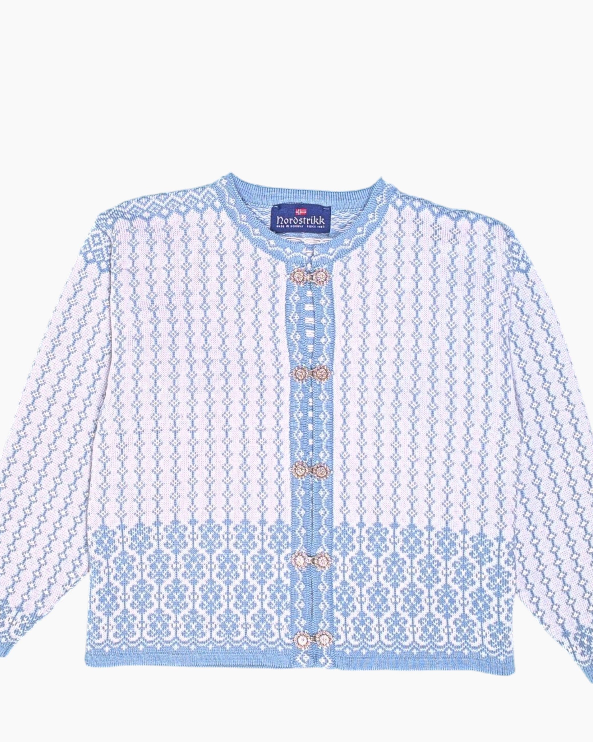 Front-detail-1 Vintage 80s/90s Norstrikk Cardigan – Blue Norwegian Jacquard