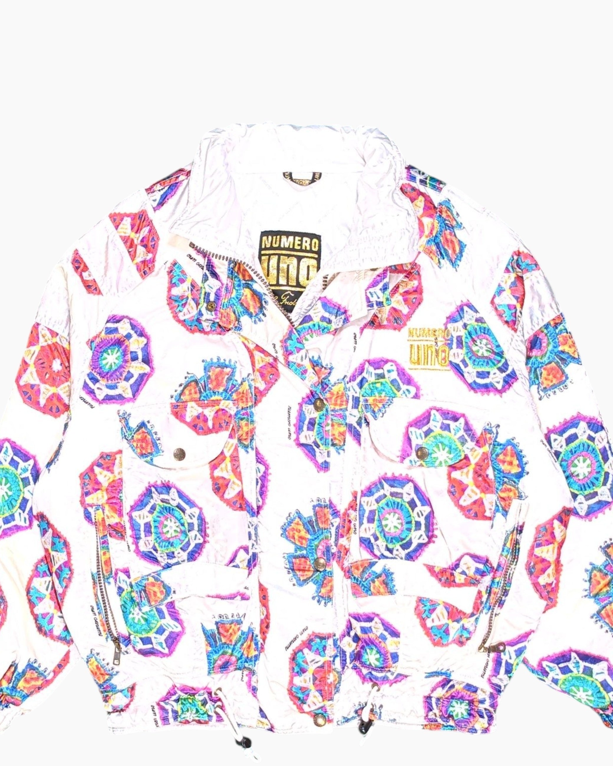 Front-detail-1 Vintage 80s/90s NUMERO UNO Bomber Jacket – Multicolor Geometric Print