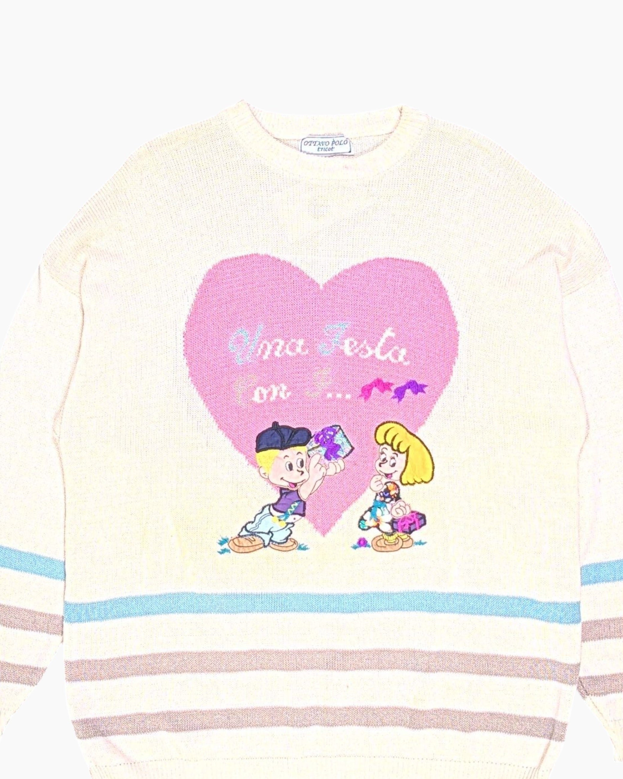 Front-detail-1 Vintage 80s/90s OTTAVO POLO Pullover Sweater – Cream Heart Intarsia