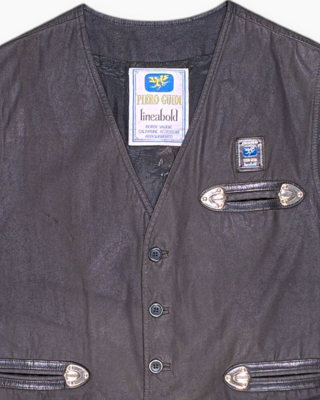 Front-detail-1 Vintage 80s/90s PIERO GUIDI Vest – Black Concho Hardware
