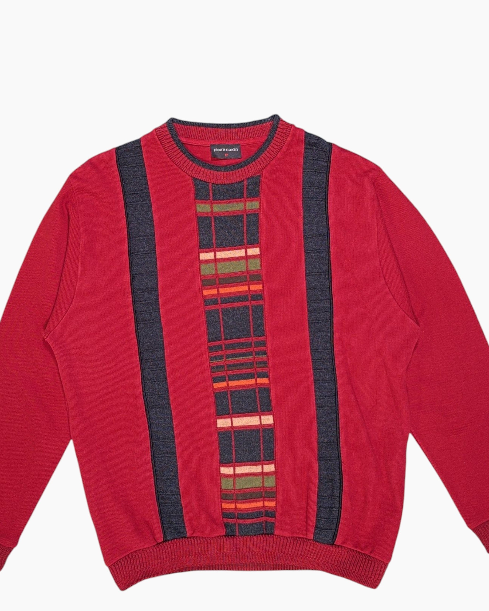 Front-detail-1 Vintage 90s/2000s pierre cardin Pullover Sweater – Red Geometric Intarsia
