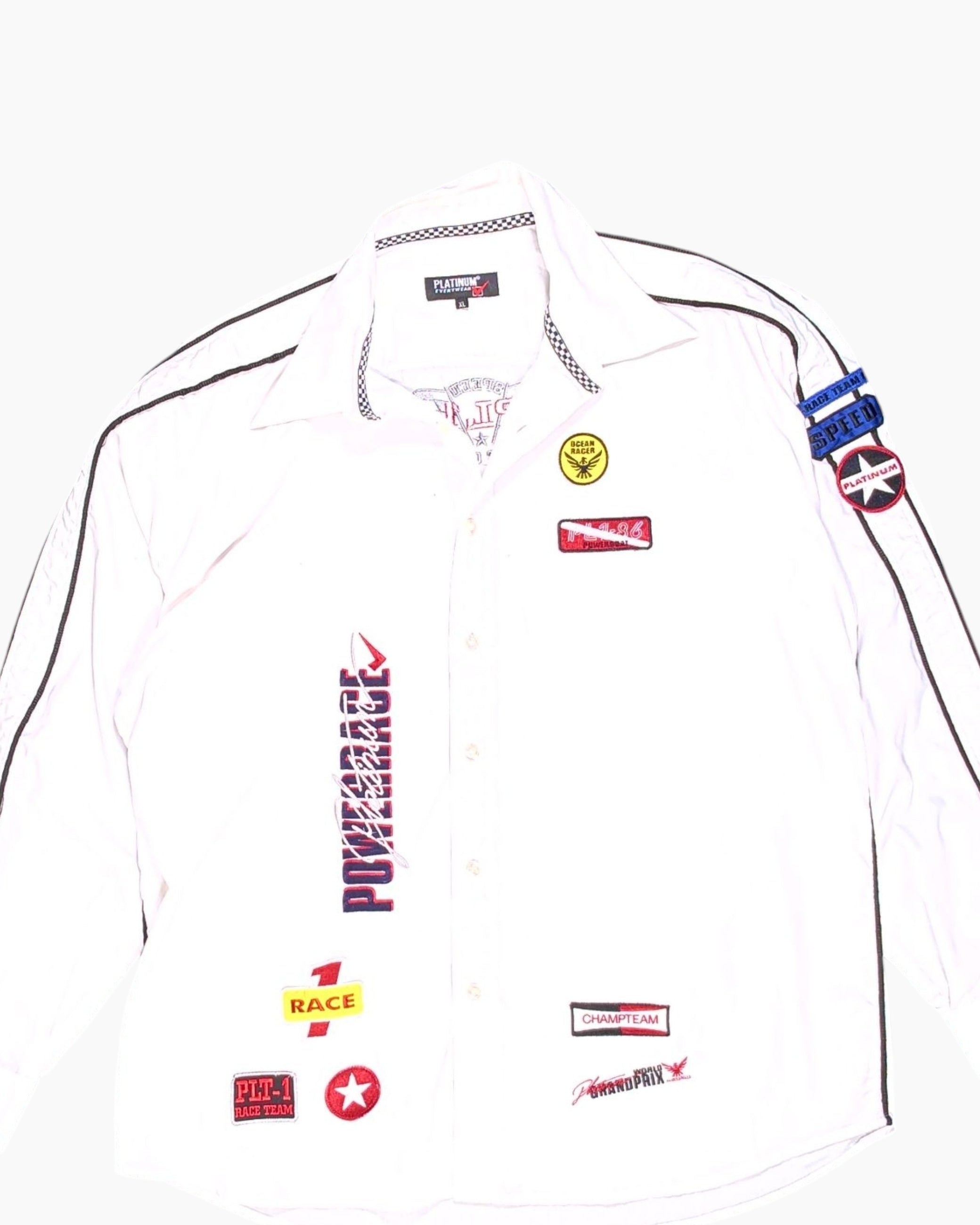Front-detail-1 Vintage 90s/2000s PLATINUM EVERYWEAR Button-Down Shirt – White Racing Patches