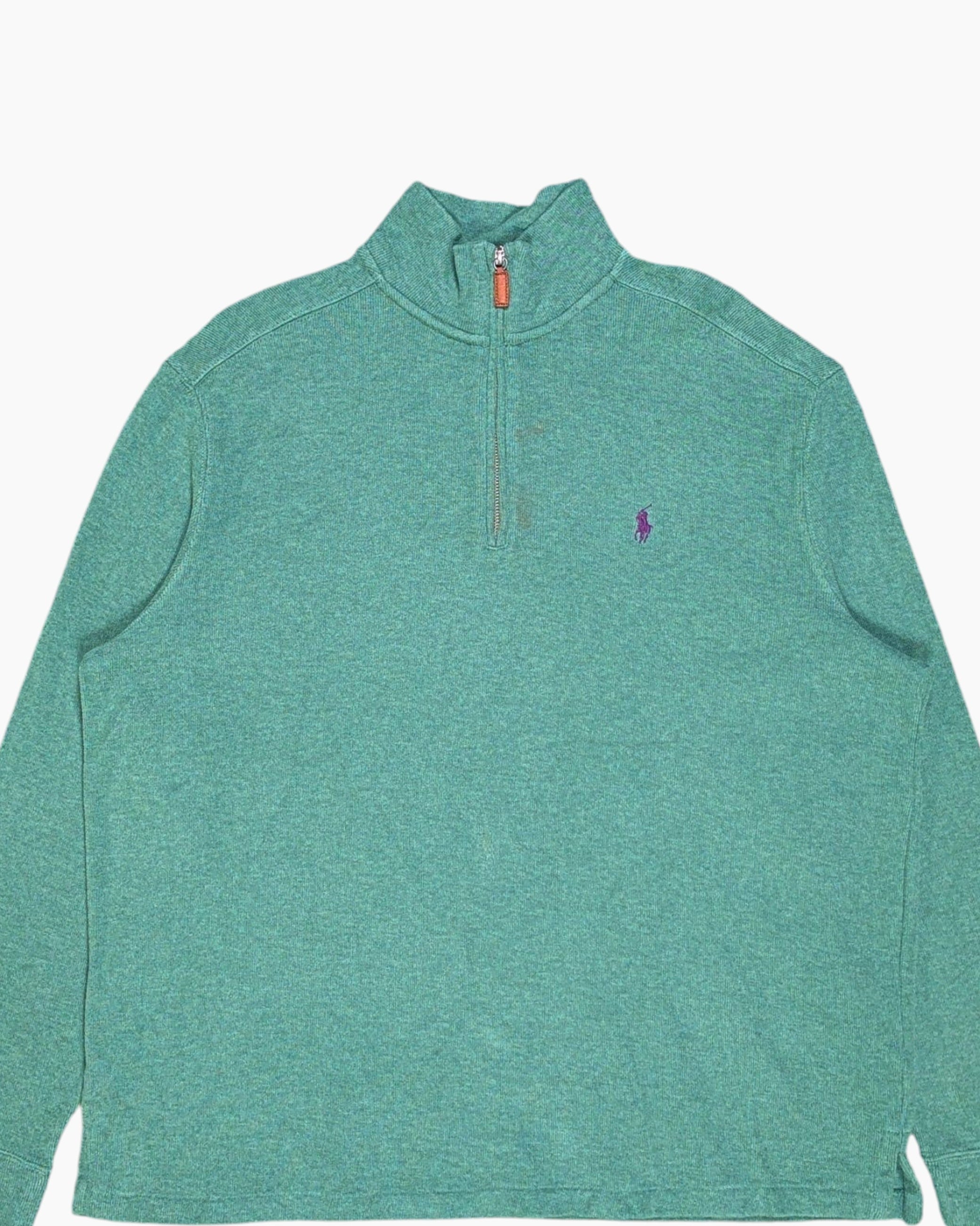 Front-detail-1 Vintage Y2K Polo by Ralph Lauren Pullover Sweater – Green Quarter-Zip