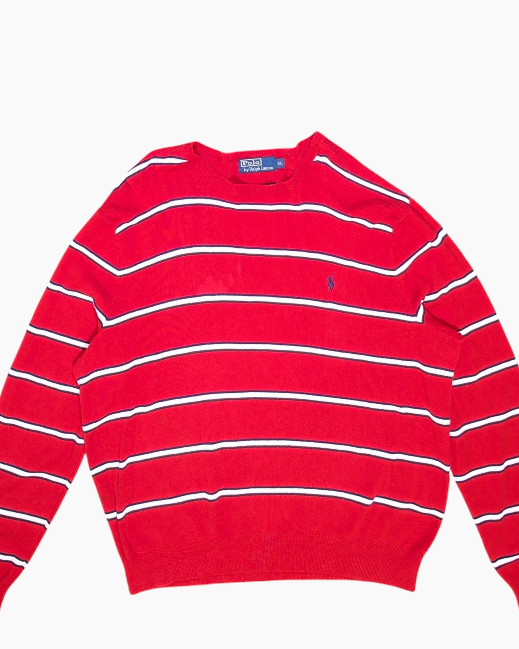 Front-detail-1 Vintage 2000s Polo by Ralph Lauren Pullover Sweater – Red Striped