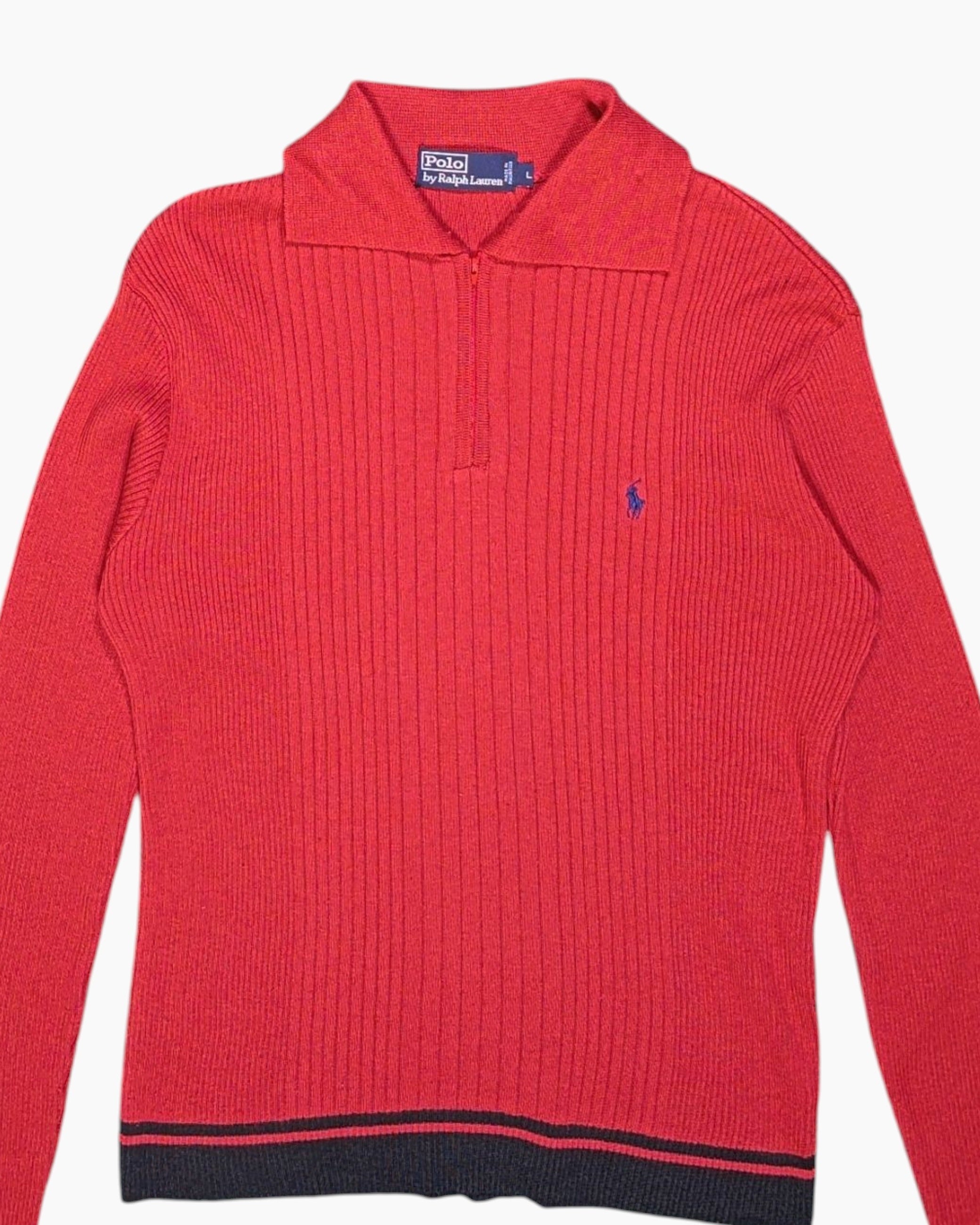 Front-detail-1 Vintage 90s/2000s Polo by Ralph Lauren Pullover Sweater – Red Quarter-Zip