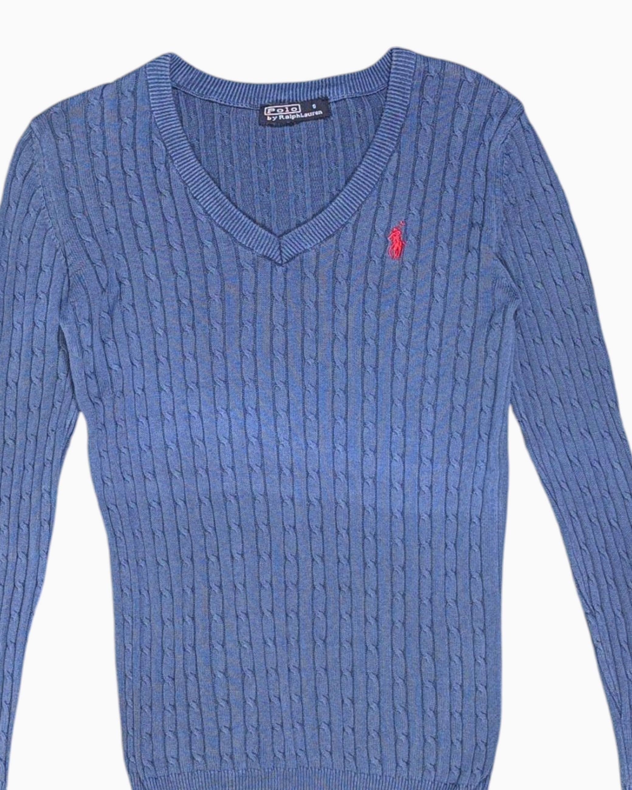 Front-detail-1 Vintage 90s/2000s Polo by Ralph Lauren Pullover Sweater – Blue Cable V‑Neck