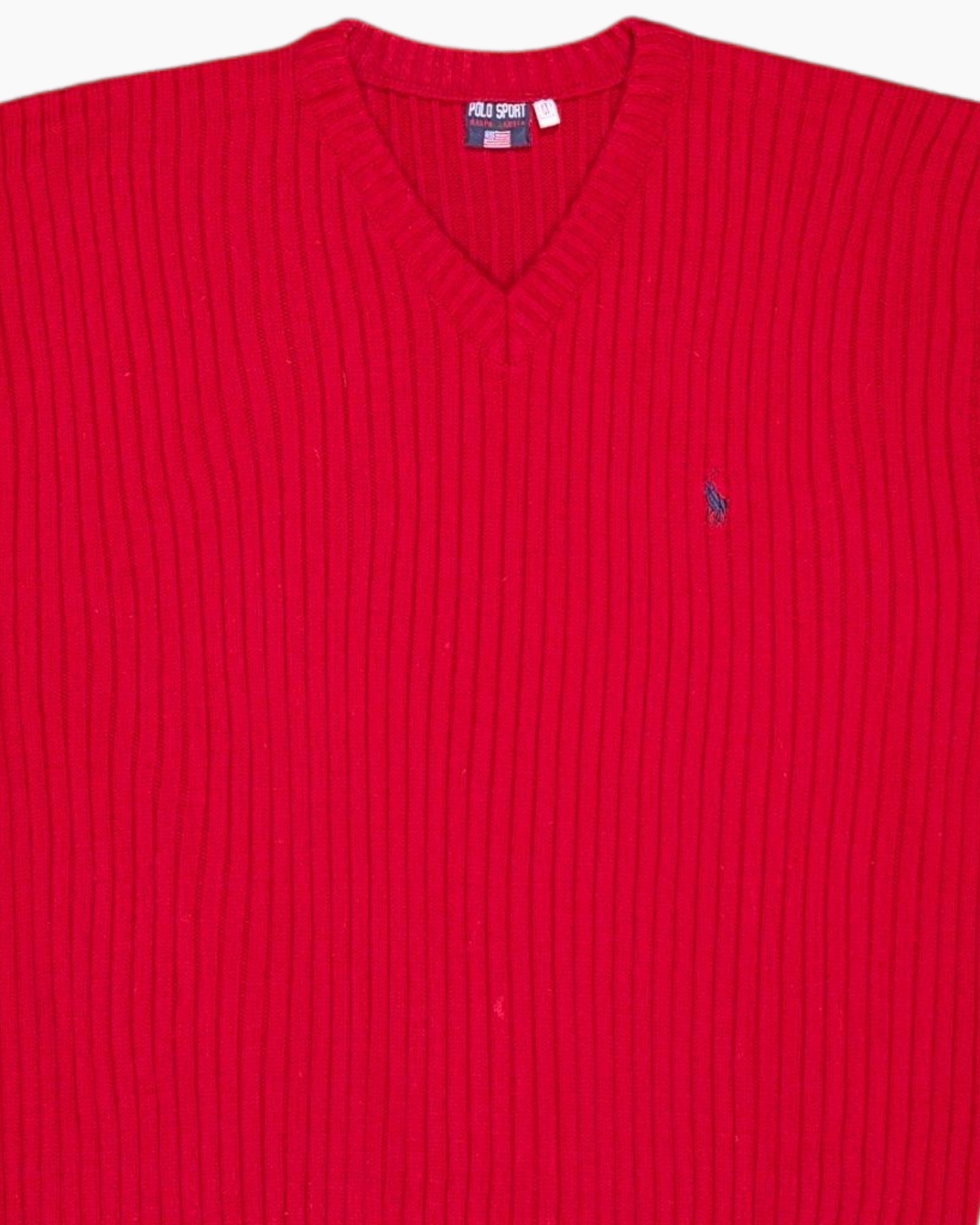 Front-detail-1 Vintage 90s POLO SPORT RALPH LAUREN Sleeveless Knit Vest – Red Rib V-neck
