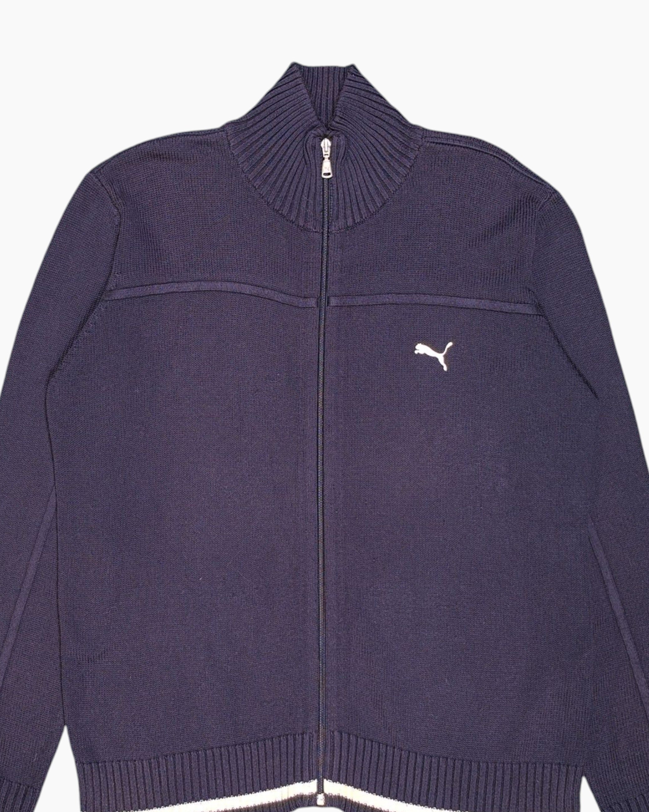 Front-detail-1 Pre-owned PUMA Zip-up Sweater – Navy Ribbed Funnel Collar