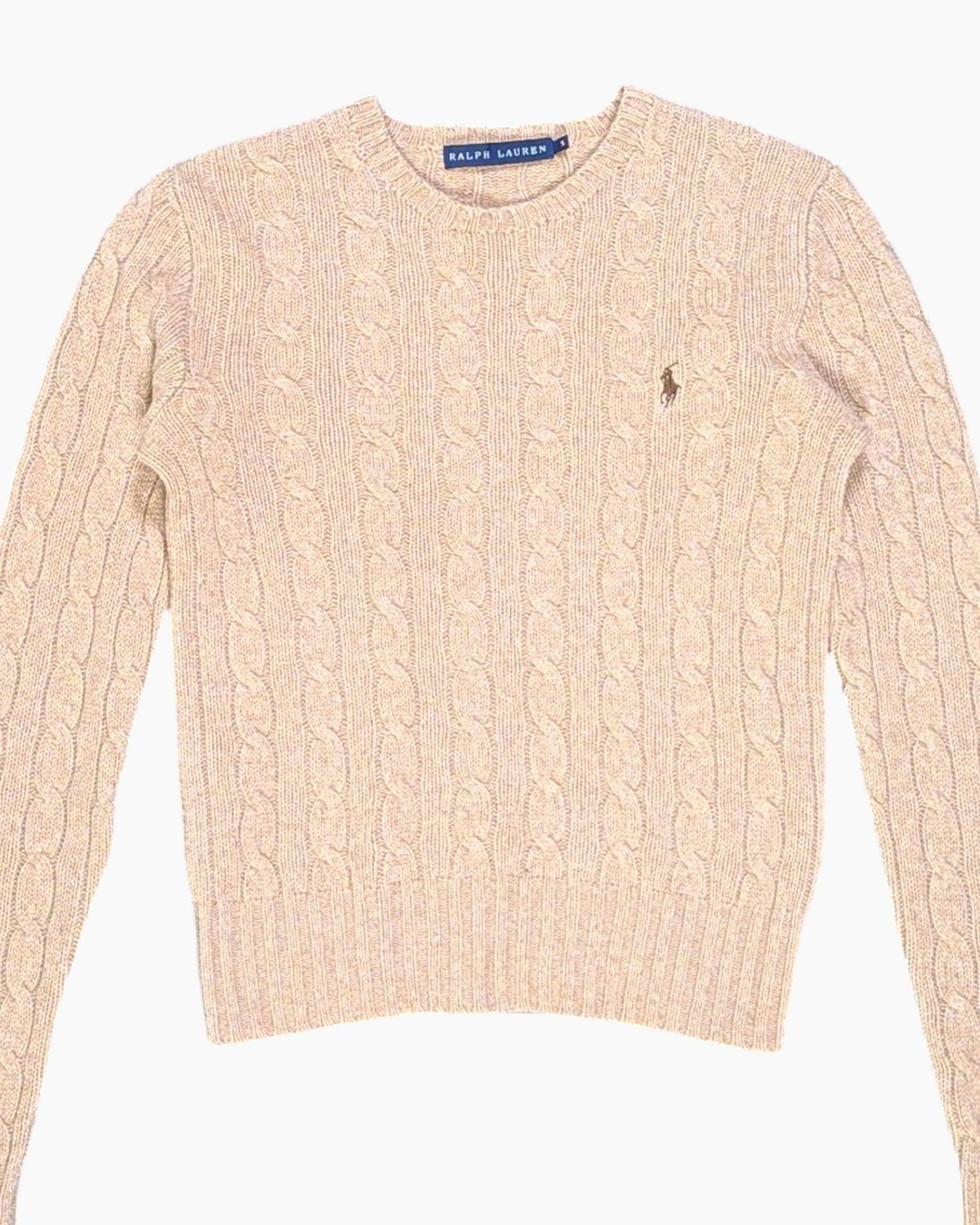 Front-detail-1 Vintage 90s/2000s Ralph Lauren Cable Knit Sweater – Beige Embroidered Logo