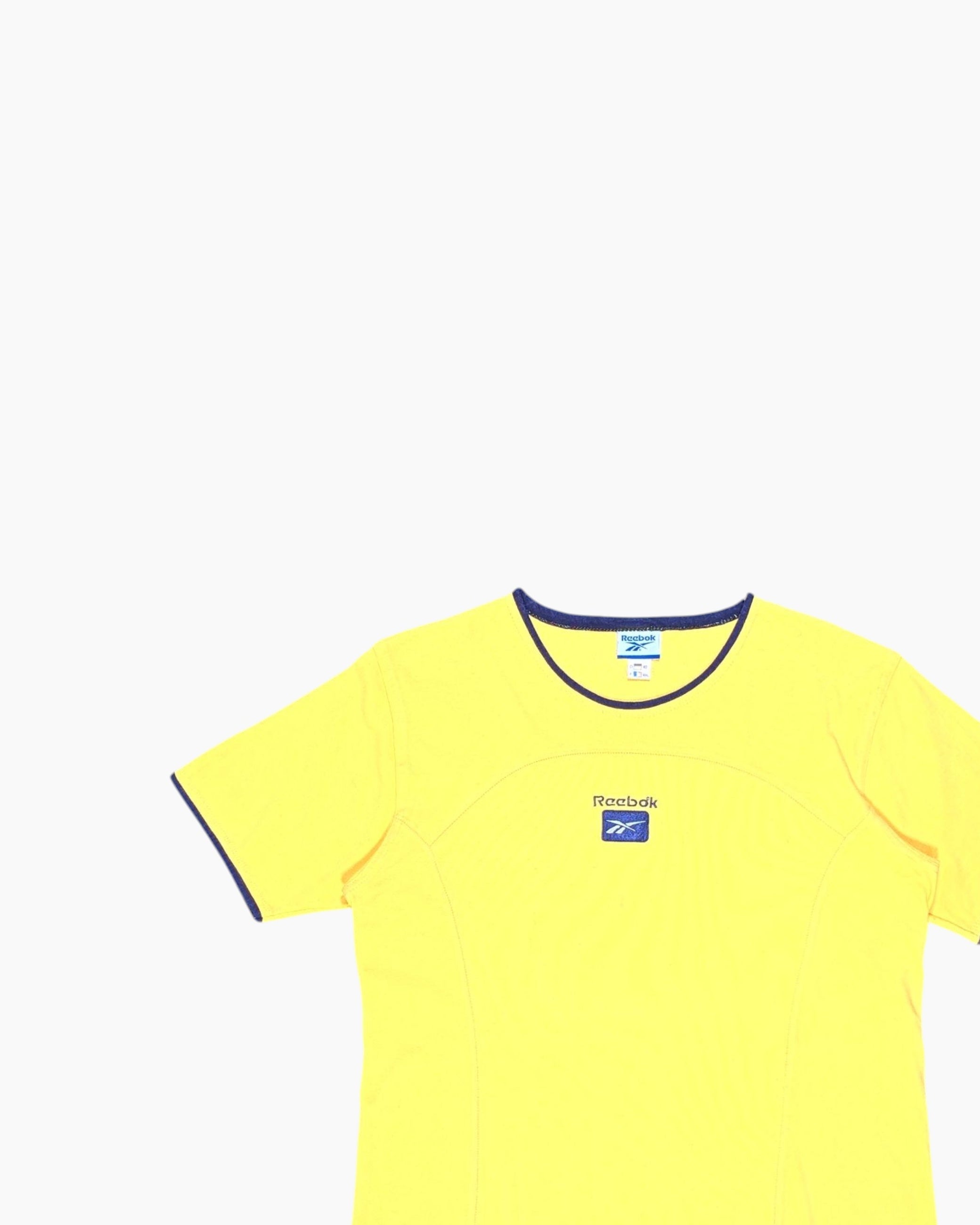 Front-detail-1 Vintage Y2K Reebok Graphic T-Shirt – Yellow Ringer (Preloved)