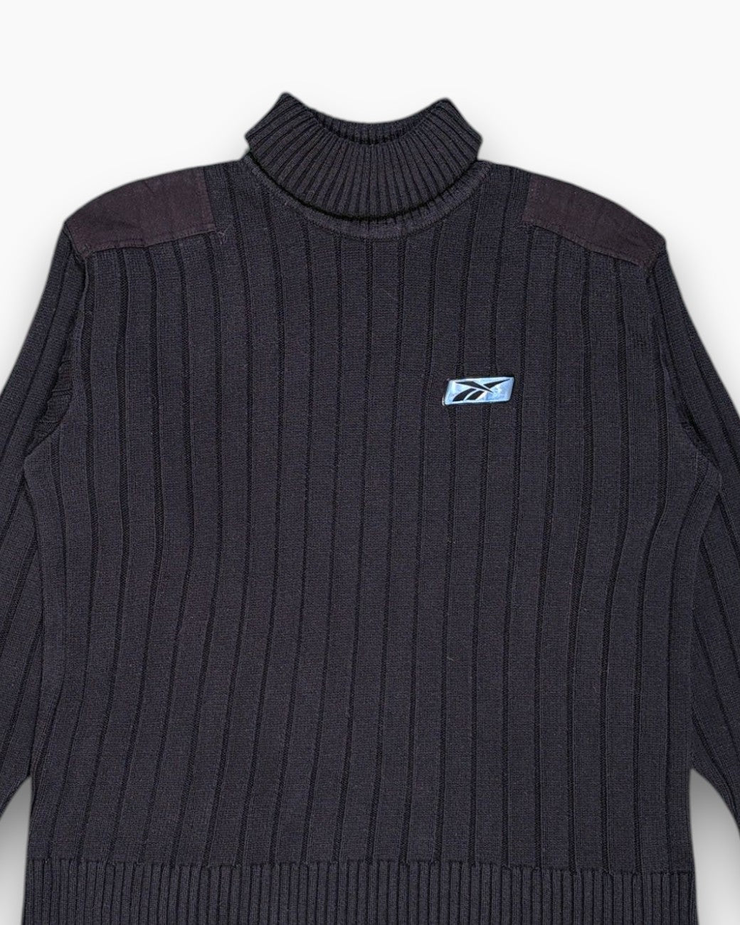 Front-detail-1 Vintage Y2K Reebok Pullover Sweater – Black Rib Knit Mock Neck