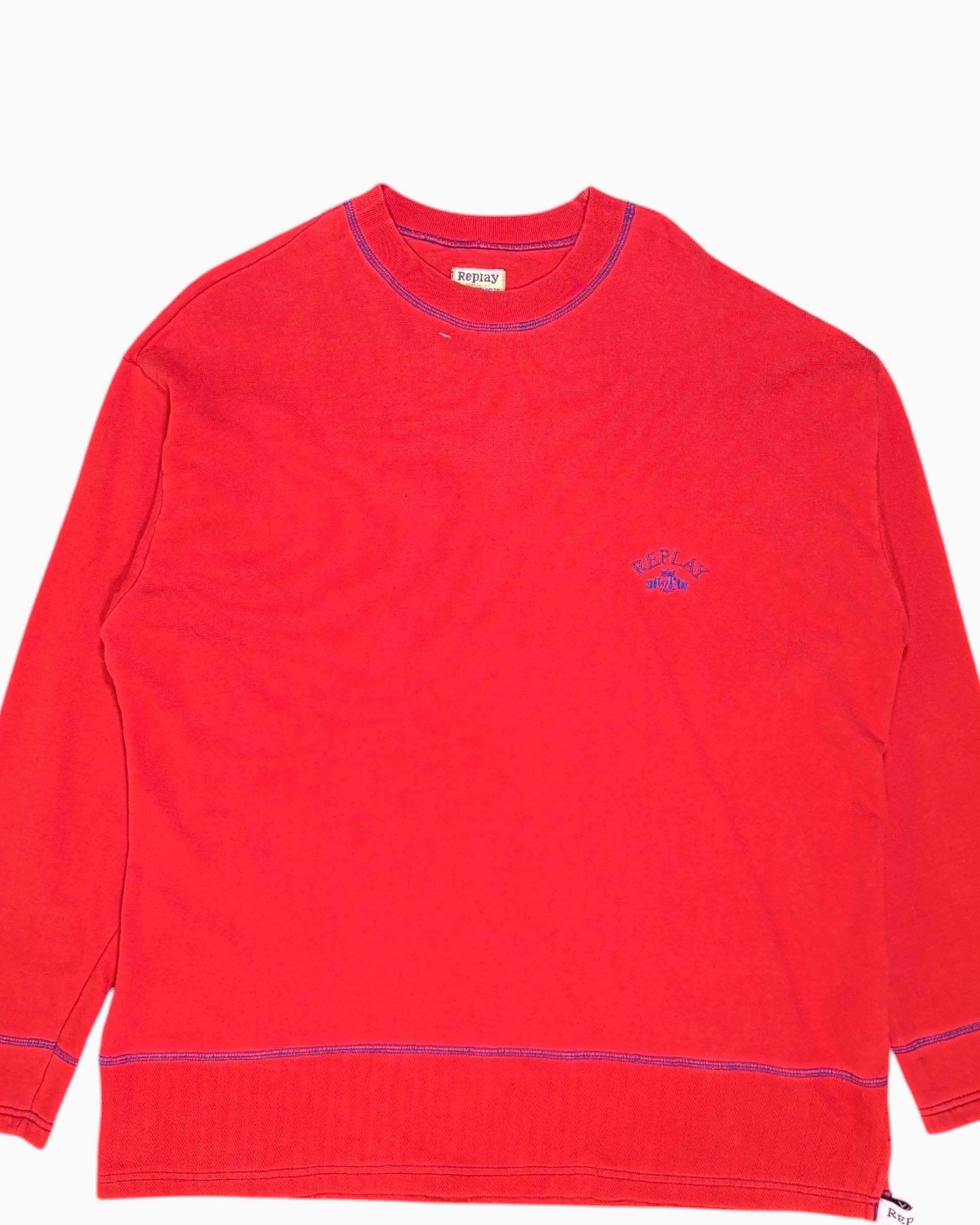 Front-detail-1 Vintage 80s/90s Replay Pullover Sweatshirt – Red Embroidered Logo