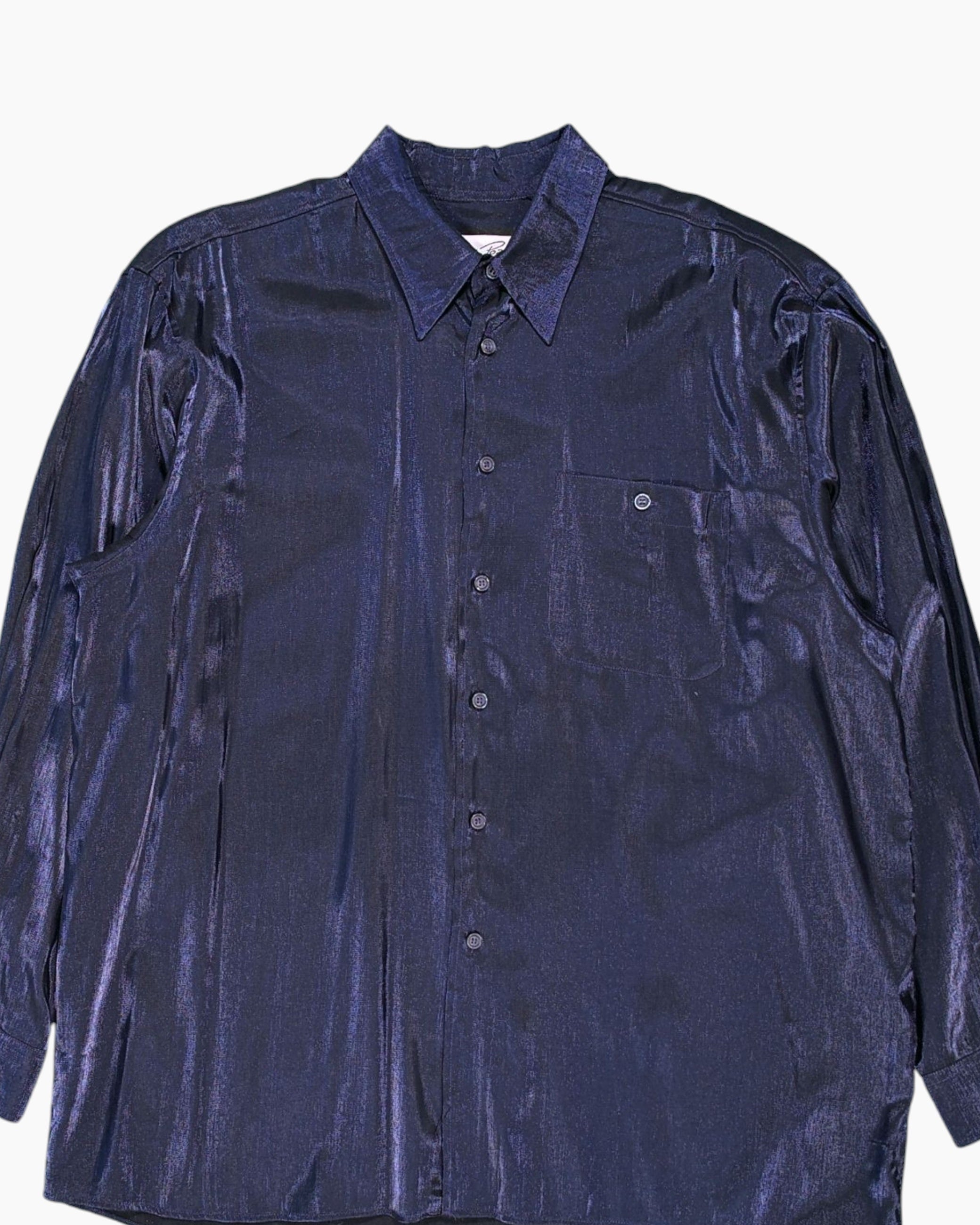 Front-detail-1 Vintage 80s/90s Sandro Pozzi Button-Down Shirt – Navy Satin Sheen