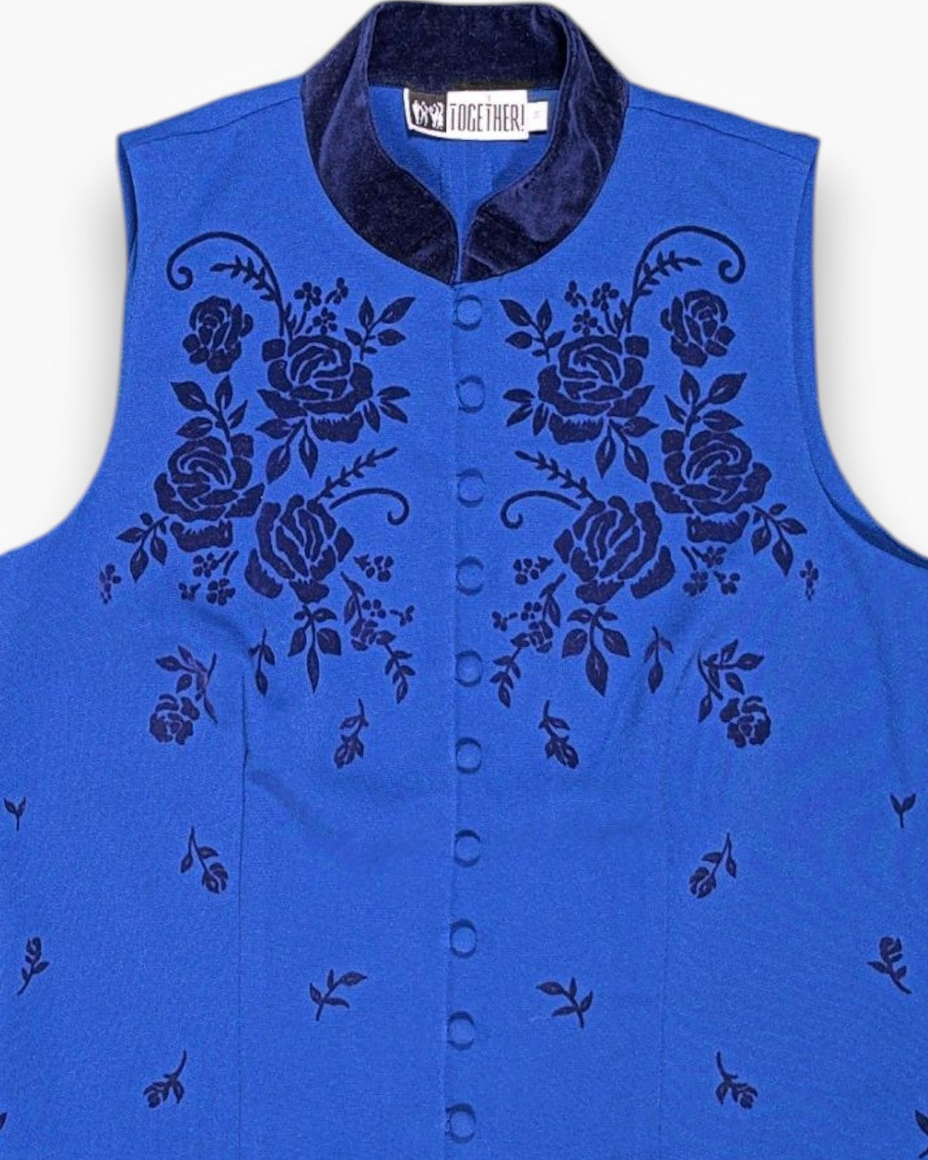 Front-detail-1 Vintage 90s TOGETHER! Sleeveless Blouse – Blue Floral Flocked Velvet Collar