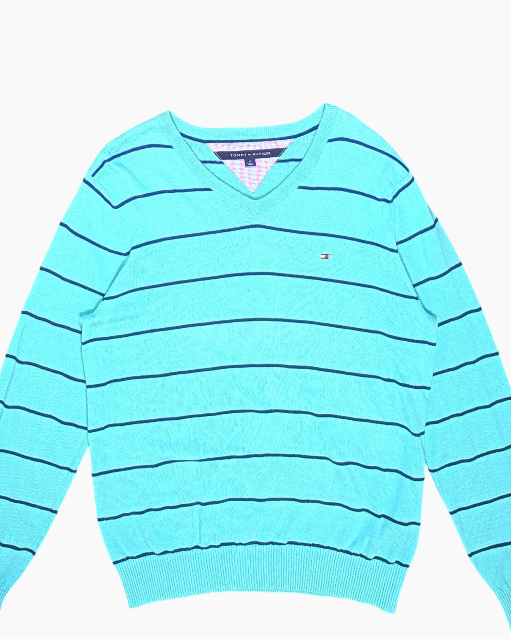 Front-detail-1 Pre-owned Tommy Hilfiger Pullover Sweater – Blue V‑Neck Embroidered Logo