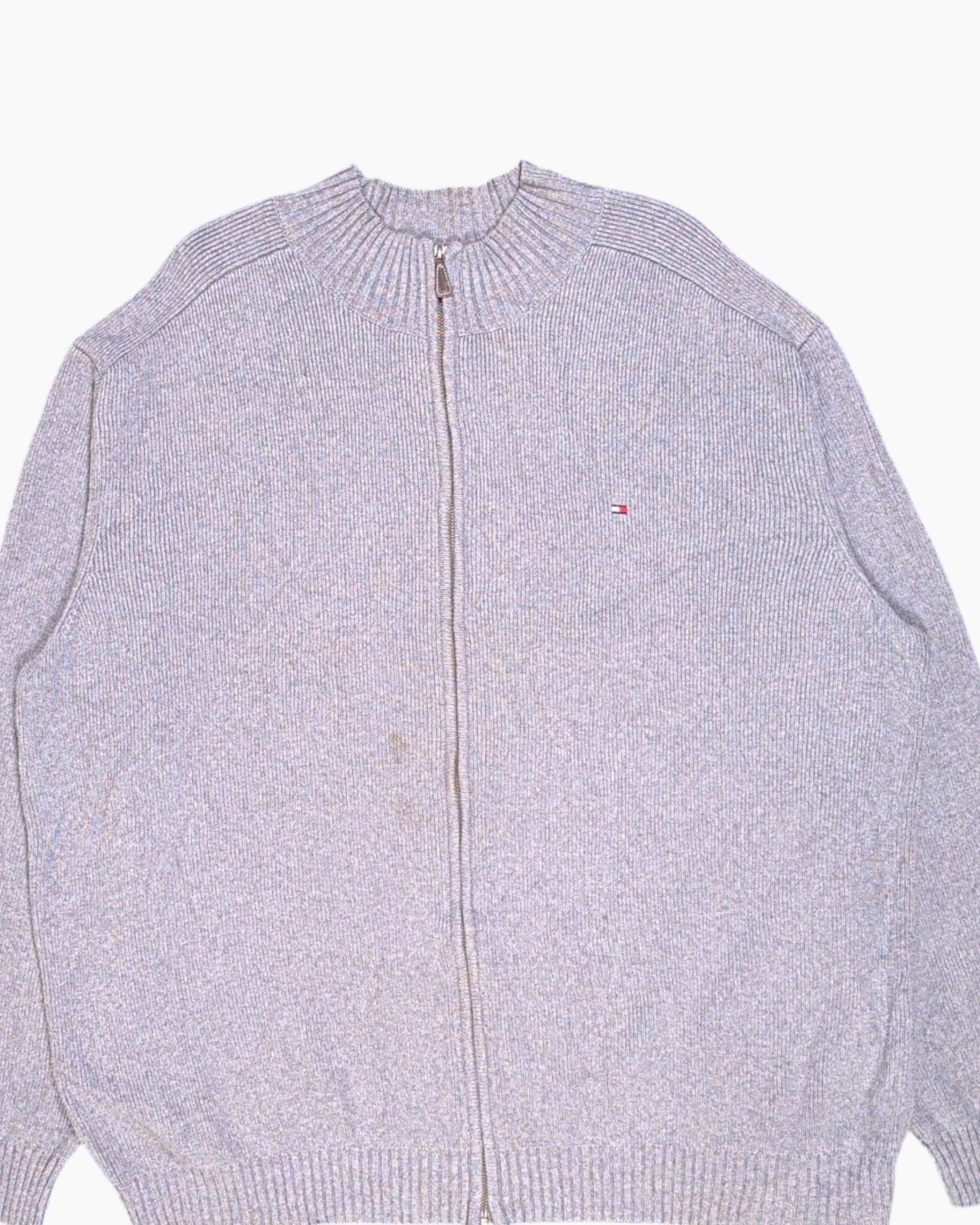 Front-detail-1 Pre-owned TOMMY HILFIGER Zip Cardigan – Gray Ribbed Mock Neck