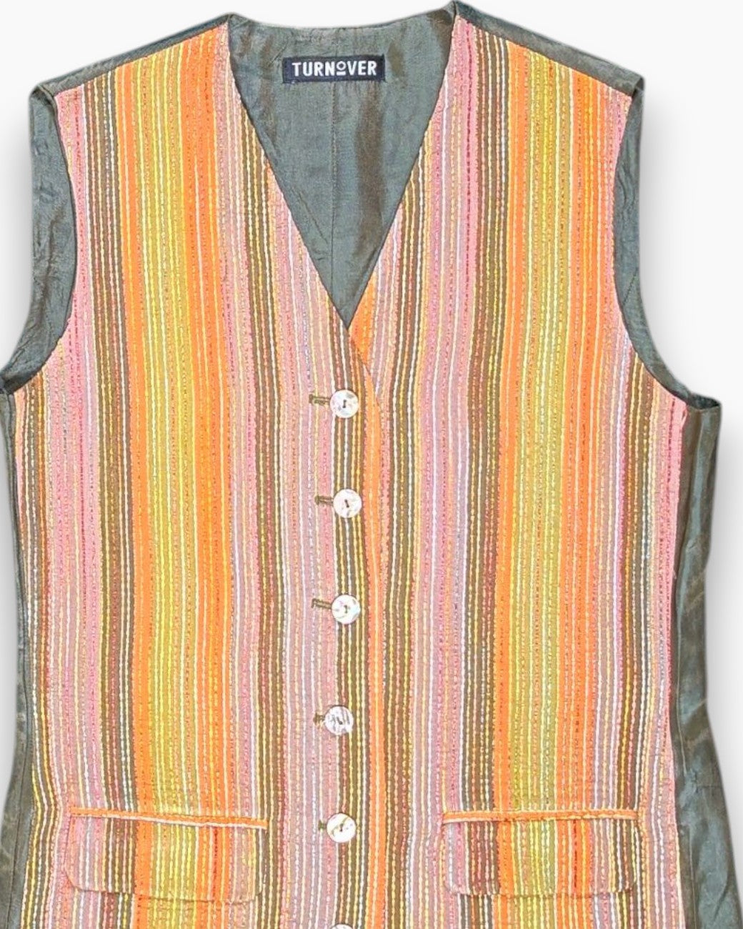 Front-detail-1 Vintage Y2K TURNOVER Button-front Vest – Multicolor Bouclé Stripes