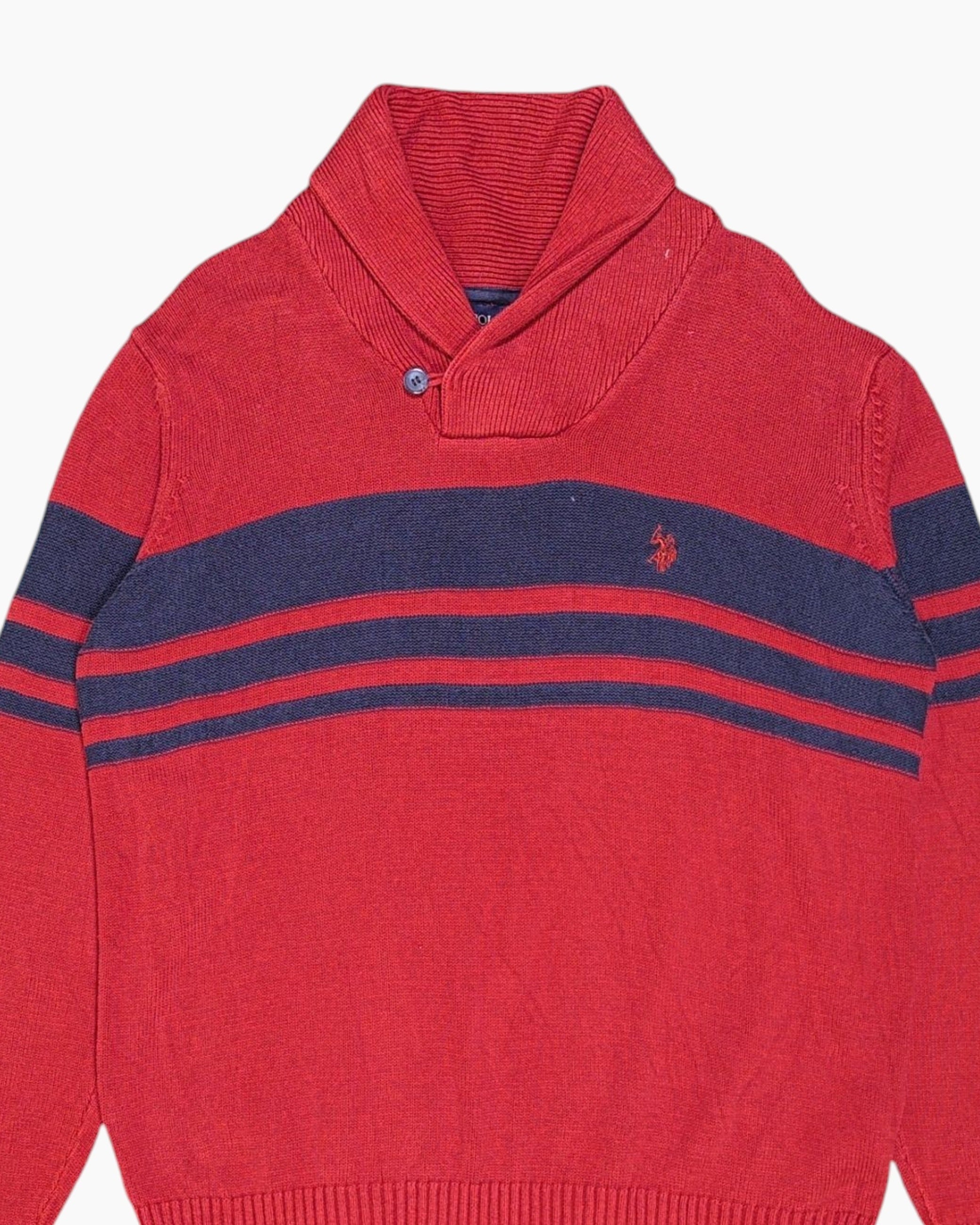 Front Detail 1 Pre-owned U.S. POLO ASSN. Pullover Sweater – Red Striped Chest Panel