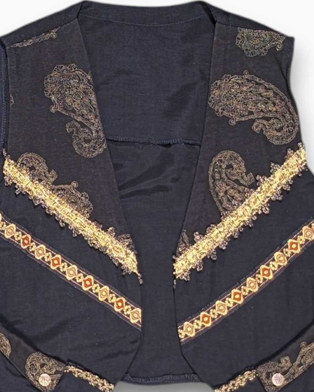 Front-detail-1 Vintage 80s/90s Unique Sleeveless Top – Black Baroque Trim