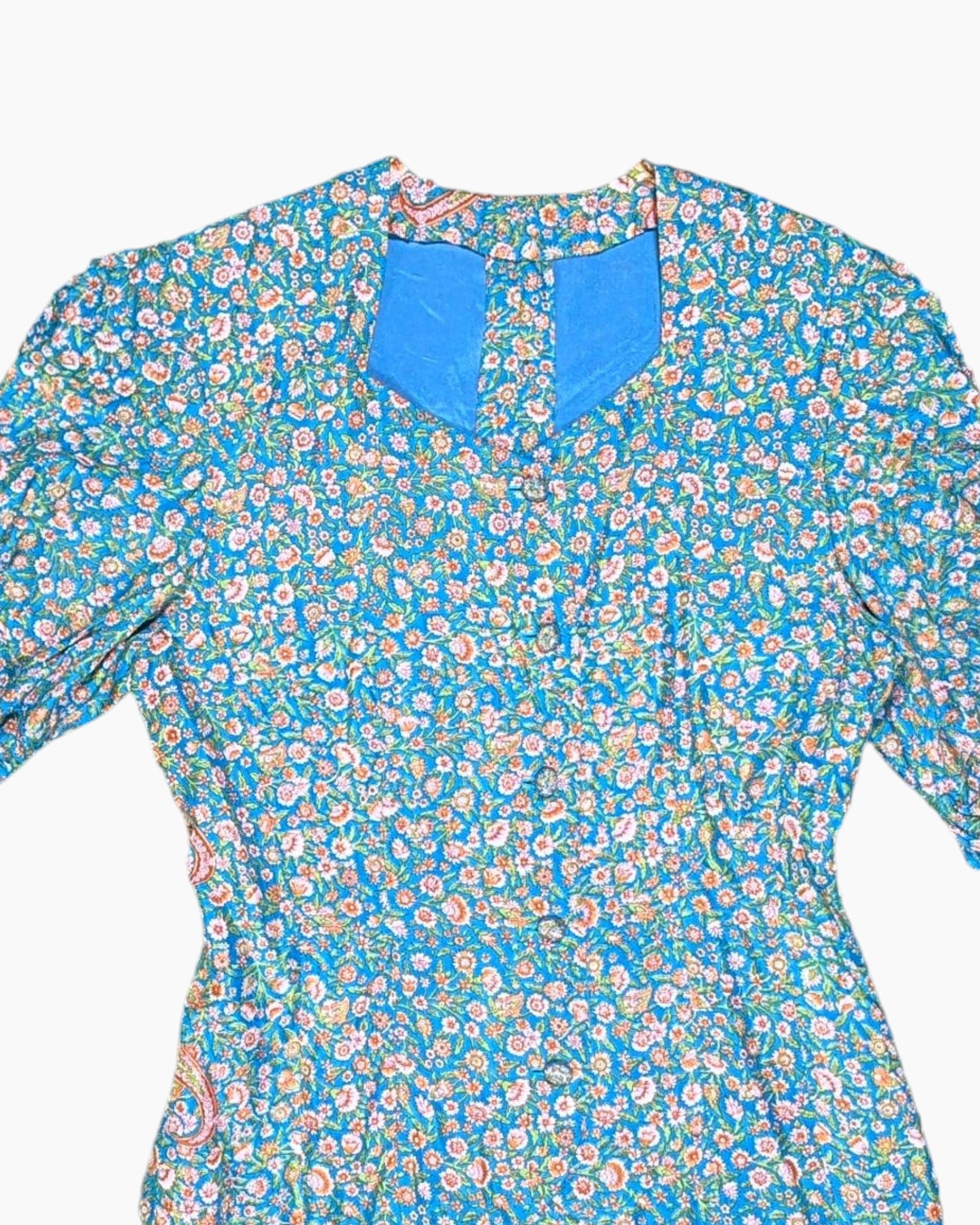 Front Detail 1 Vintage 70s Unknown Blouse – Turquoise Floral Ditsy (Preloved)