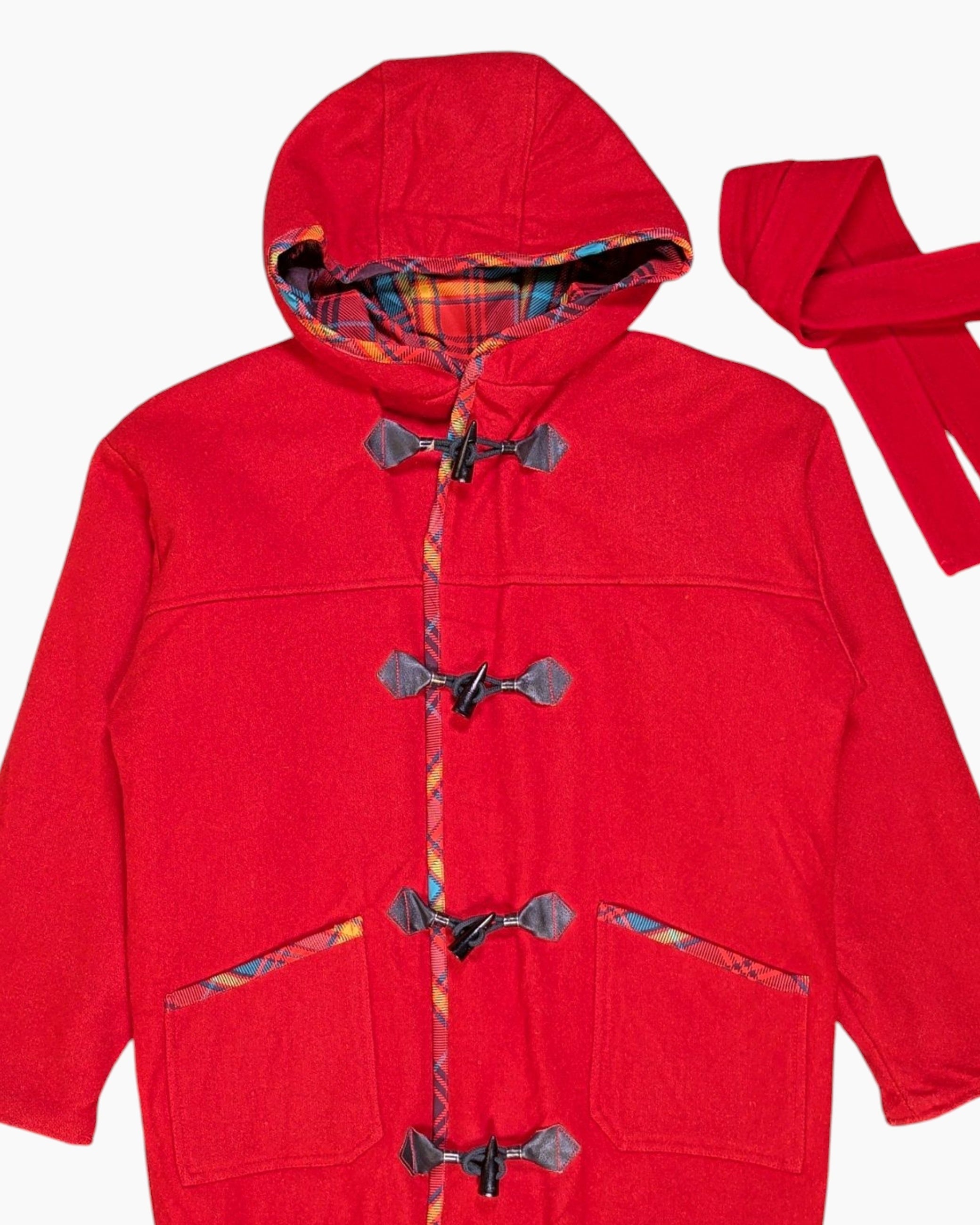 Front-detail-1 Vintage 60s/70s Unknown Duffle Coat – Red Tartan Trim