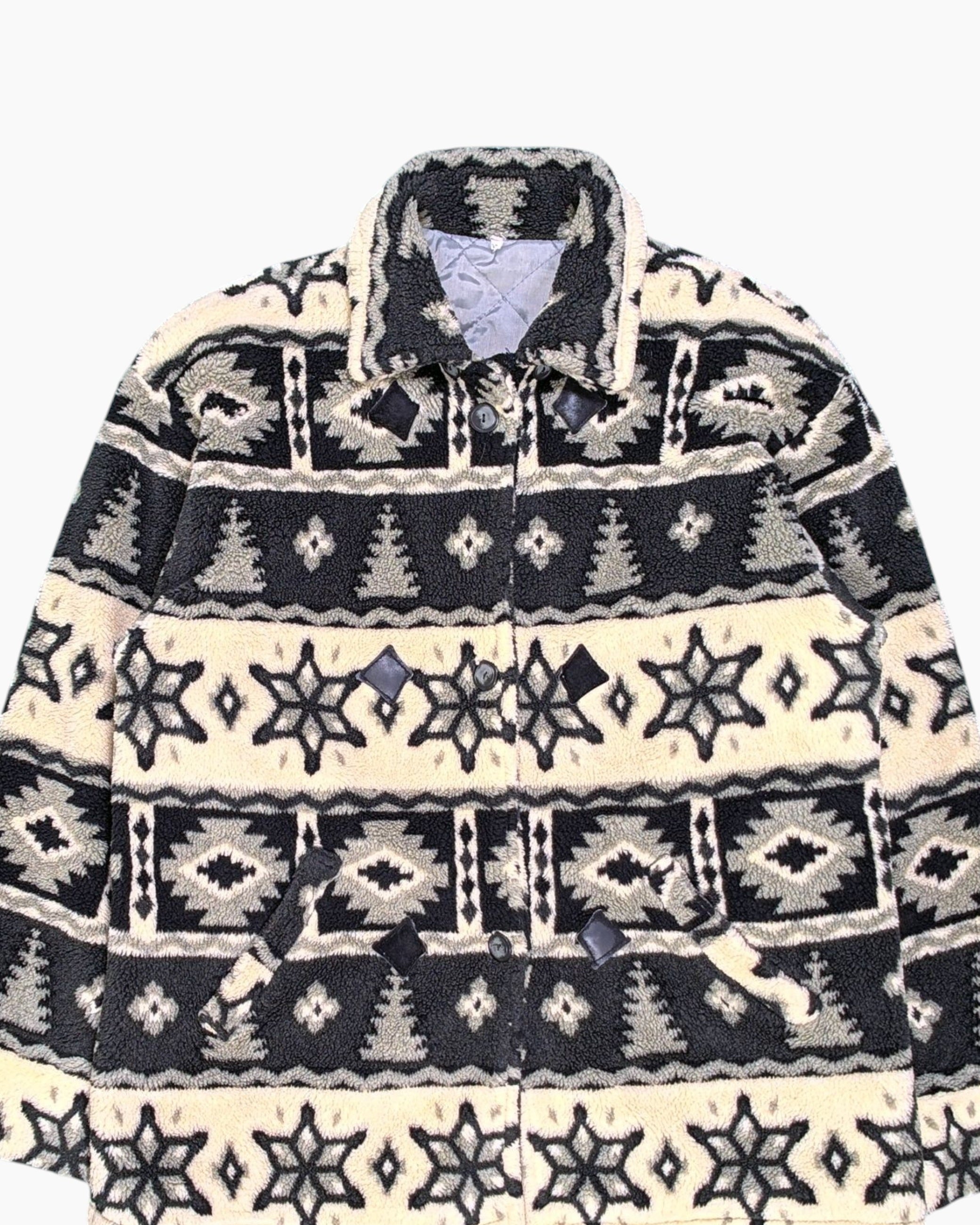 Front-detail-1 Vintage 80s/90s Unknown Hooded Jacket – Cream Nordic Geometric (Preloved)