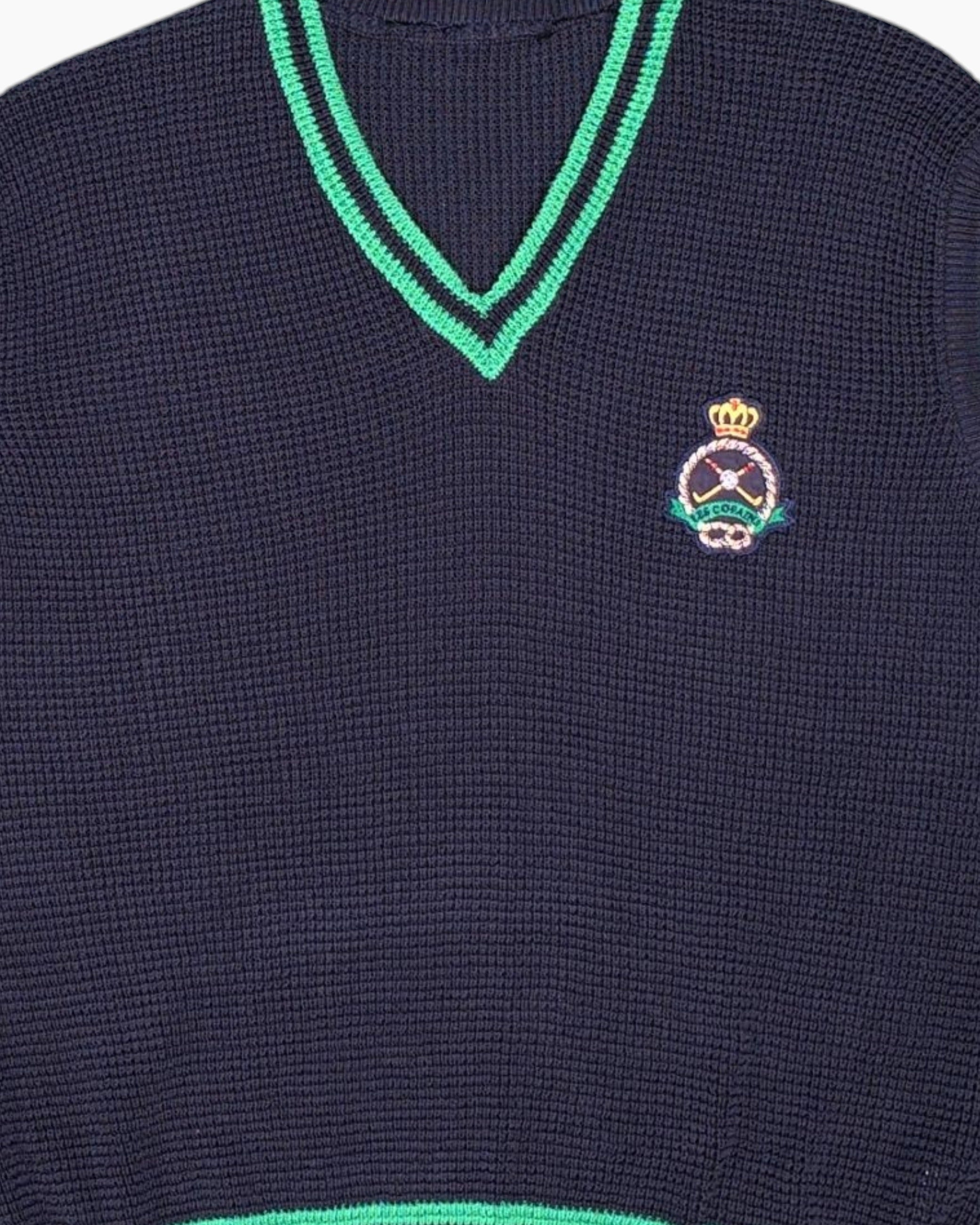 Front-detail-1 Vintage 80s/90s Unknown Knit Vest – Navy with Striped Trim